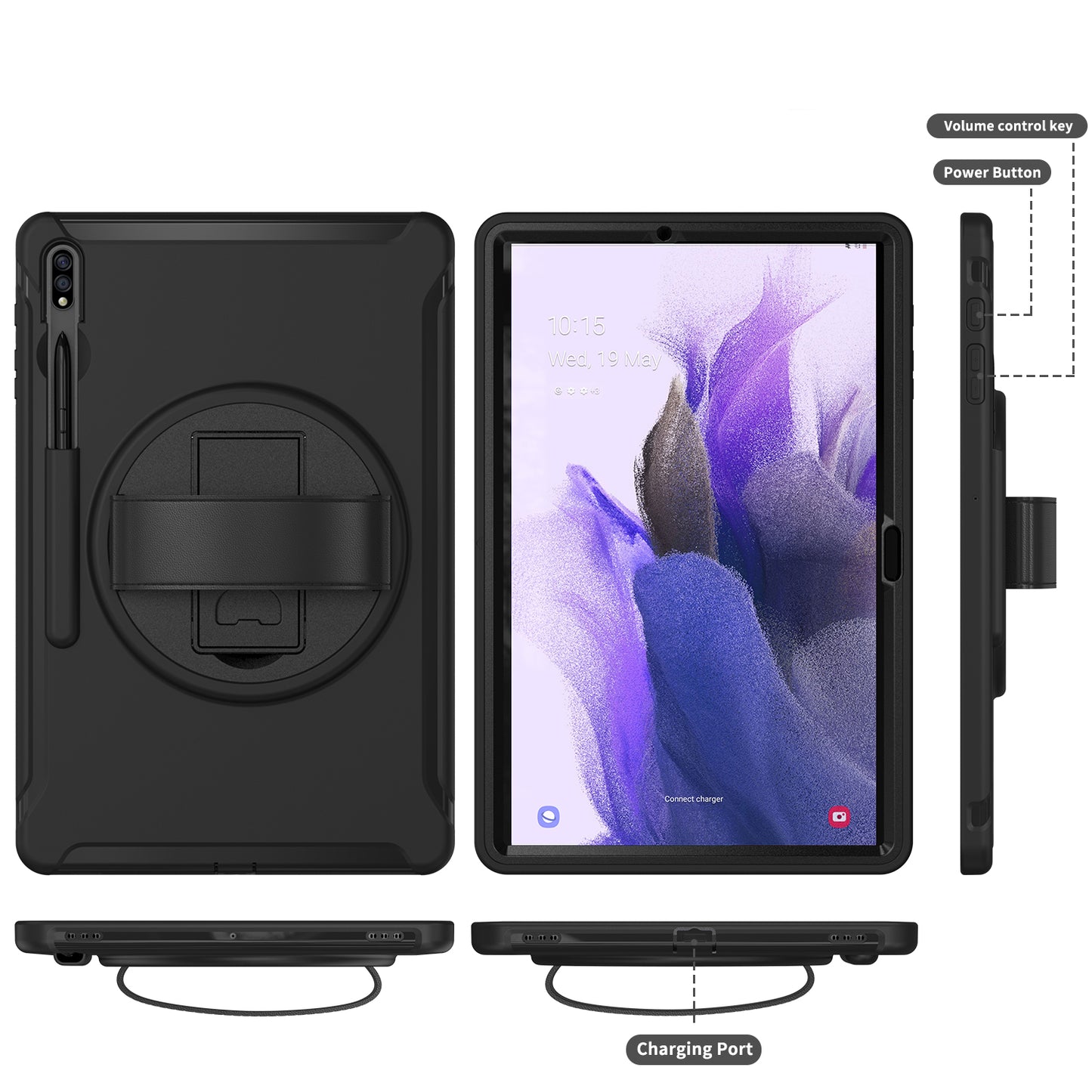 For Samsung Galaxy Tab S9 FE+ / S9+ / S8+ / S7+ / S7 FE T730 / T735 / T736B / T736N 360° Rotary Kickstand PC + TPU Drop-Resistant Tablet Case with Handy Strap - Black