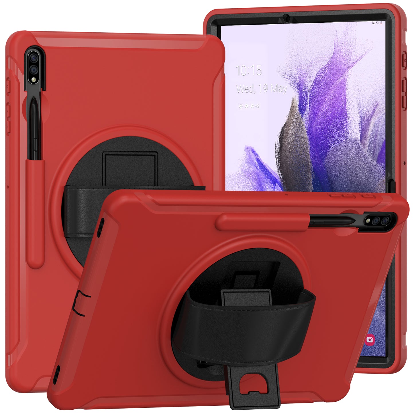 For Samsung Galaxy Tab S9 FE+ / S9+ / S8+ / S7+ / S7 FE T730 / T735 / T736B / T736N 360° Rotary Kickstand PC + TPU Drop-Resistant Tablet Case with Handy Strap - Red