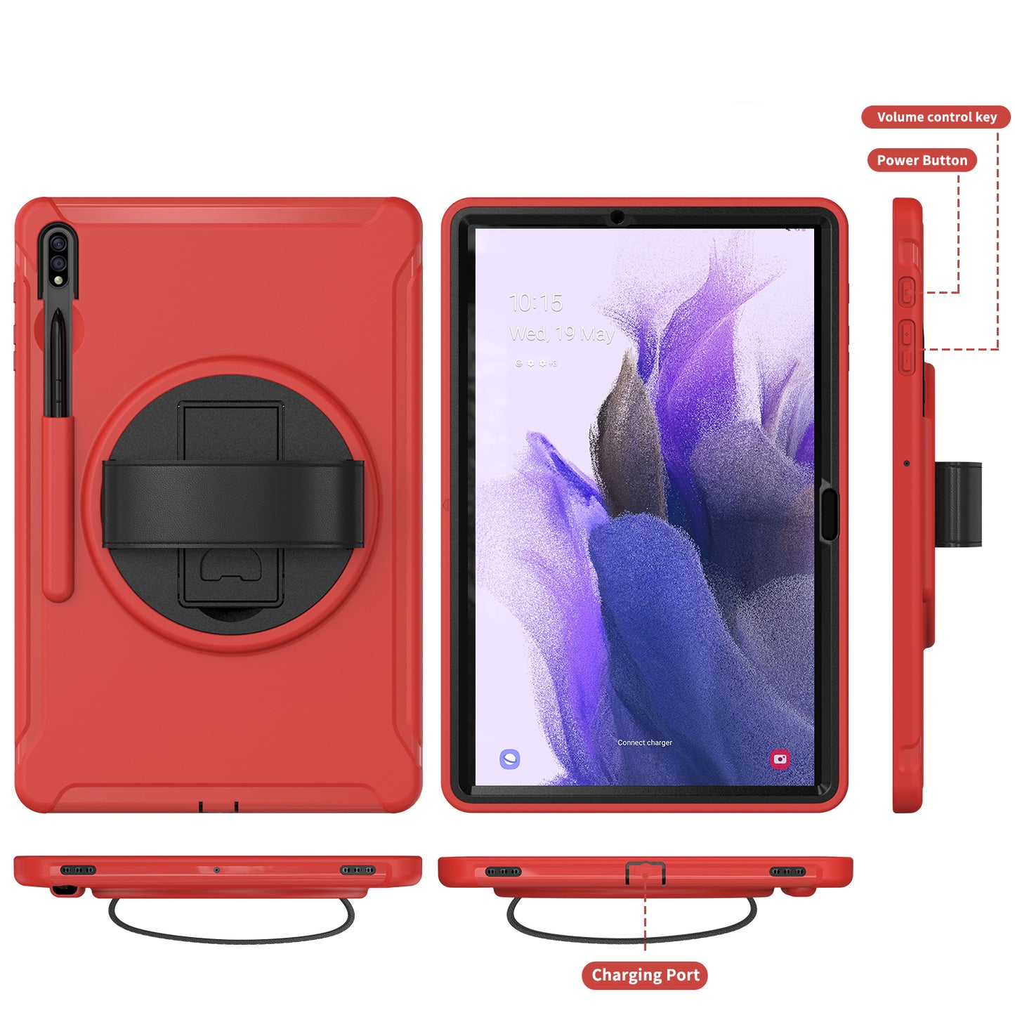 For Samsung Galaxy Tab S9 FE+ / S9+ / S8+ / S7+ / S7 FE T730 / T735 / T736B / T736N 360° Rotary Kickstand PC + TPU Drop-Resistant Tablet Case with Handy Strap - Red