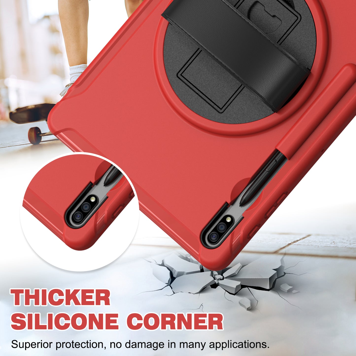 For Samsung Galaxy Tab S9 FE+ / S9+ / S8+ / S7+ / S7 FE T730 / T735 / T736B / T736N 360° Rotary Kickstand PC + TPU Drop-Resistant Tablet Case with Handy Strap - Red