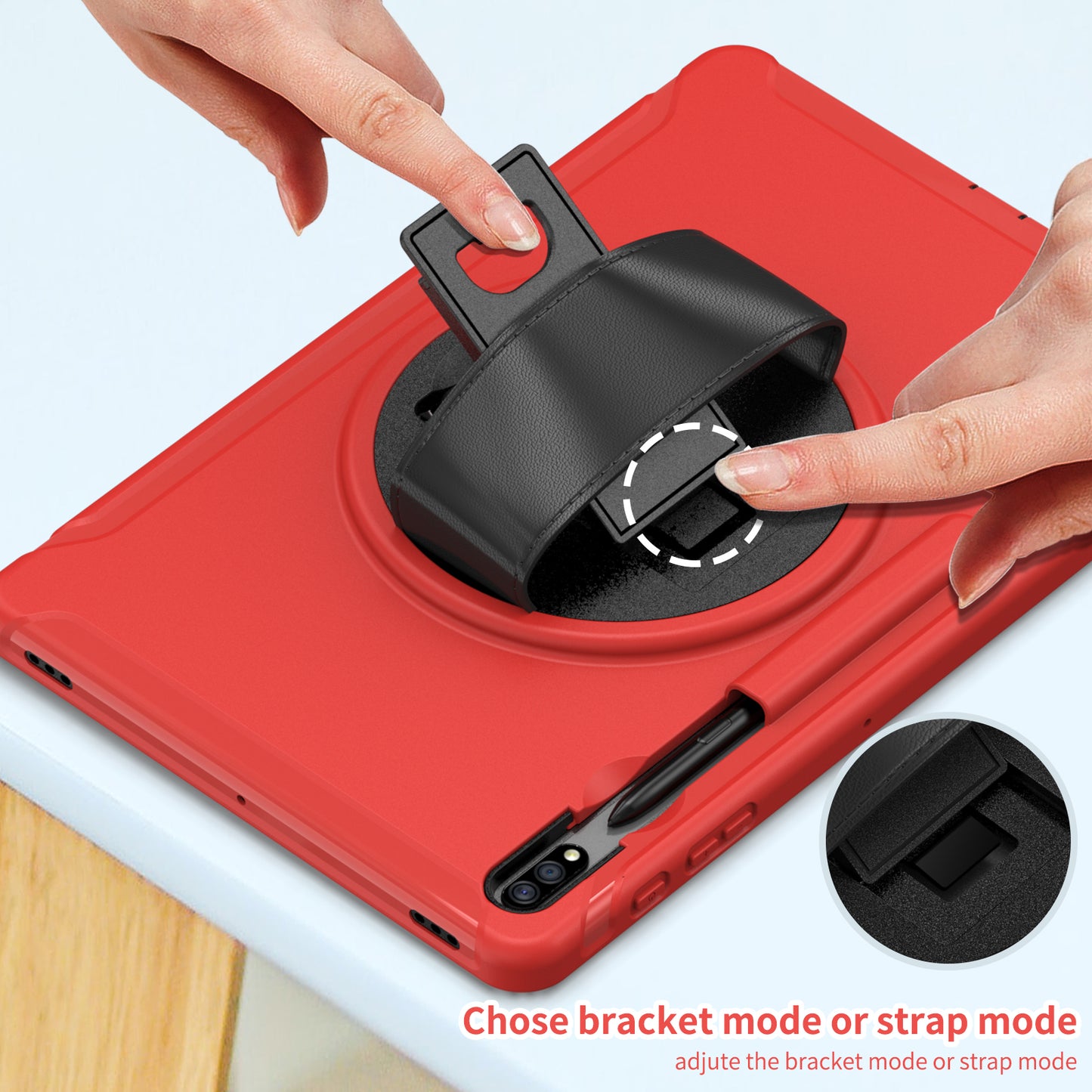 For Samsung Galaxy Tab S9 FE+ / S9+ / S8+ / S7+ / S7 FE T730 / T735 / T736B / T736N 360° Rotary Kickstand PC + TPU Drop-Resistant Tablet Case with Handy Strap - Red