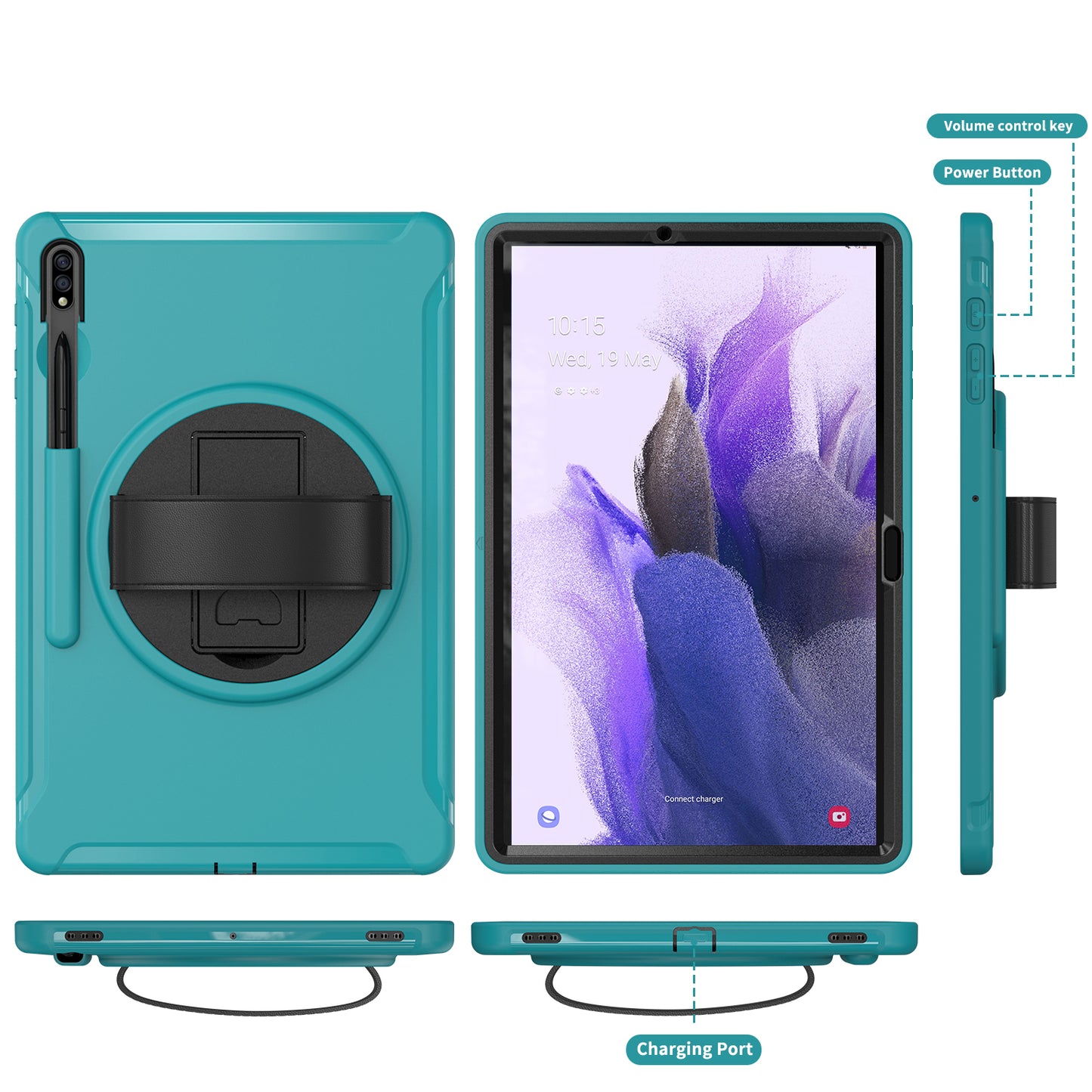 For Samsung Galaxy Tab S9 FE+ / S9+ / S8+ / S7+ / S7 FE T730 / T735 / T736B / T736N 360° Rotary Kickstand PC + TPU Drop-Resistant Tablet Case with Handy Strap - Blue