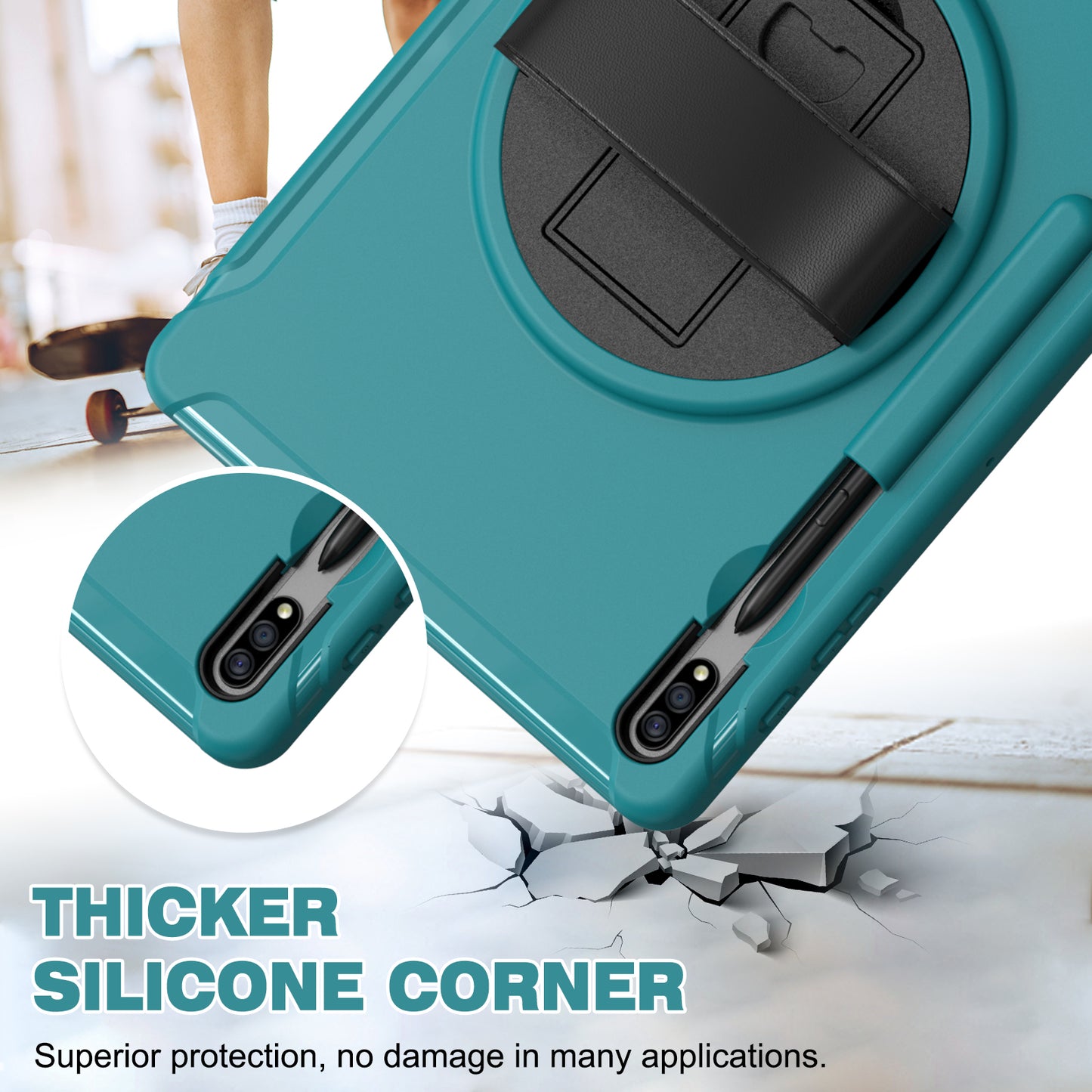 For Samsung Galaxy Tab S9 FE+ / S9+ / S8+ / S7+ / S7 FE T730 / T735 / T736B / T736N 360° Rotary Kickstand PC + TPU Drop-Resistant Tablet Case with Handy Strap - Blue