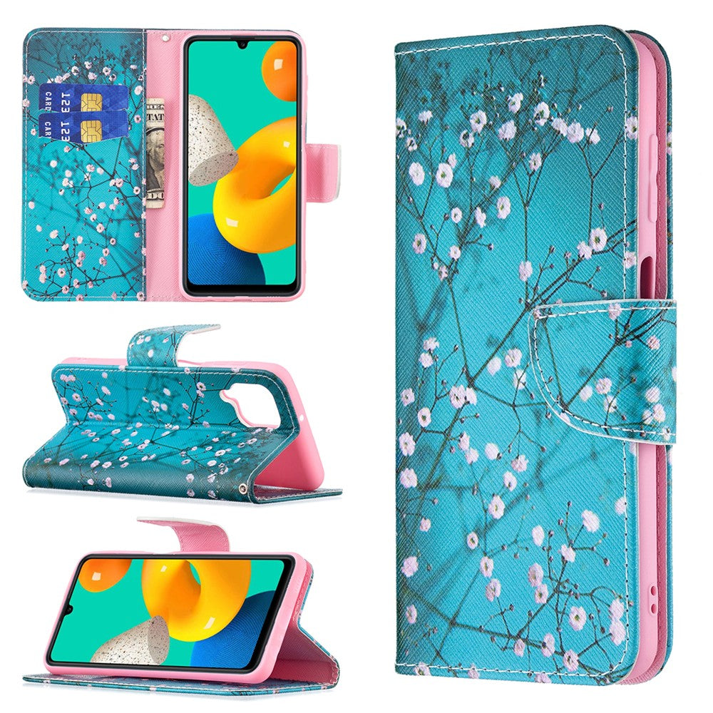 Stand Feature Pattern Printing PU Leather Magnetic Flip Cover Wallet Purse Case for Samsung Galaxy M32 (Global Version) - Plum Blossom
