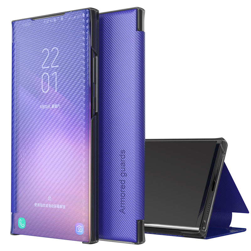 Full Protection Anti-drop Mirror Surface Stand Foldable Design Phone Case for Samsung Galaxy S20 Plus - Blue