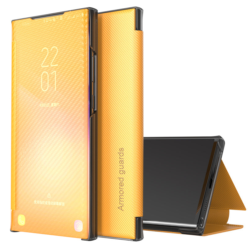 Full Protection Anti-drop Mirror Surface Stand Foldable Design Phone Case for Samsung Galaxy S20 Plus - Orange