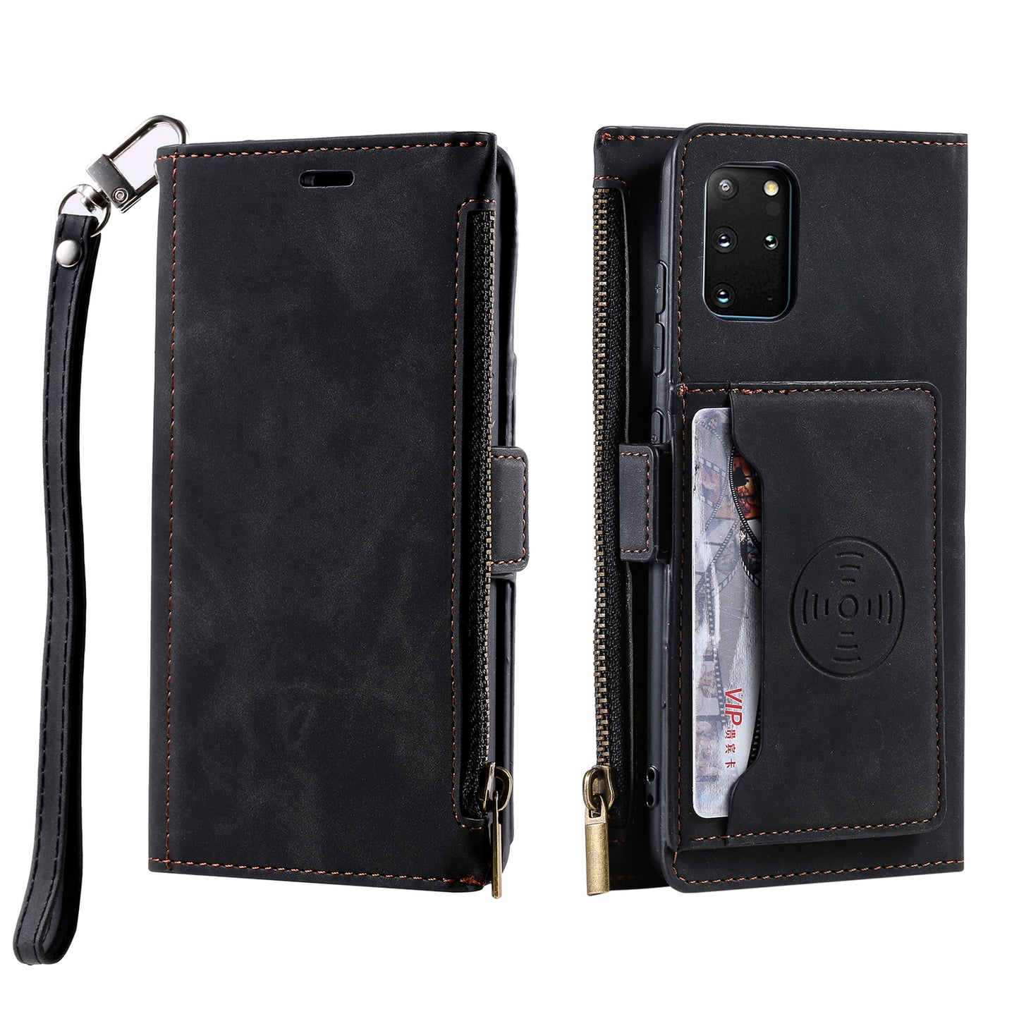 Multifunctional Zipper Wallet PU Leather Cell Phone Shell Cover with Kickstand and Strap for Samsung Galaxy S20 Plus - Black