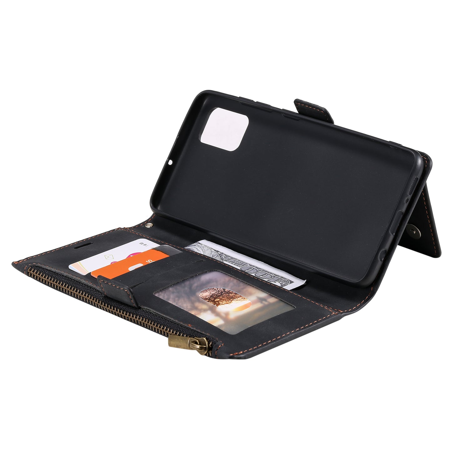 Multifunctional Zipper Wallet PU Leather Cell Phone Shell Cover with Kickstand and Strap for Samsung Galaxy S20 Plus - Black