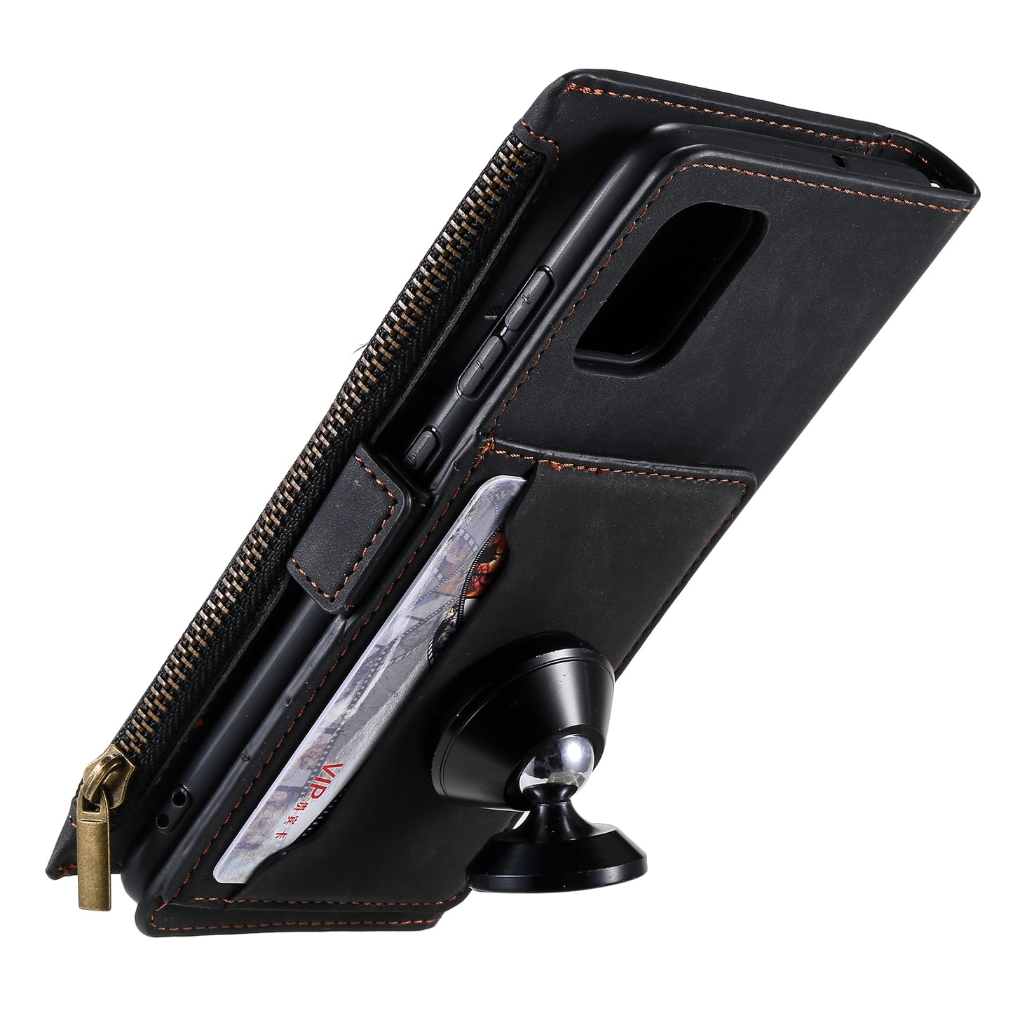 Multifunctional Zipper Wallet PU Leather Cell Phone Shell Cover with Kickstand and Strap for Samsung Galaxy S20 Plus - Black