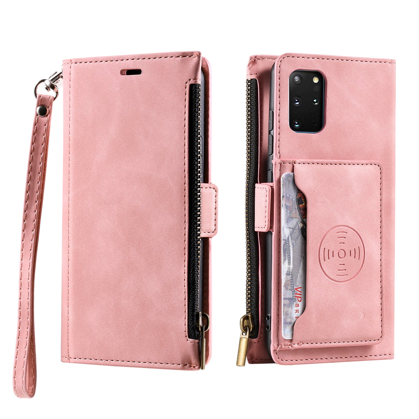 Multifunctional Zipper Wallet PU Leather Cell Phone Shell Cover with Kickstand and Strap for Samsung Galaxy S20 Plus - Pink