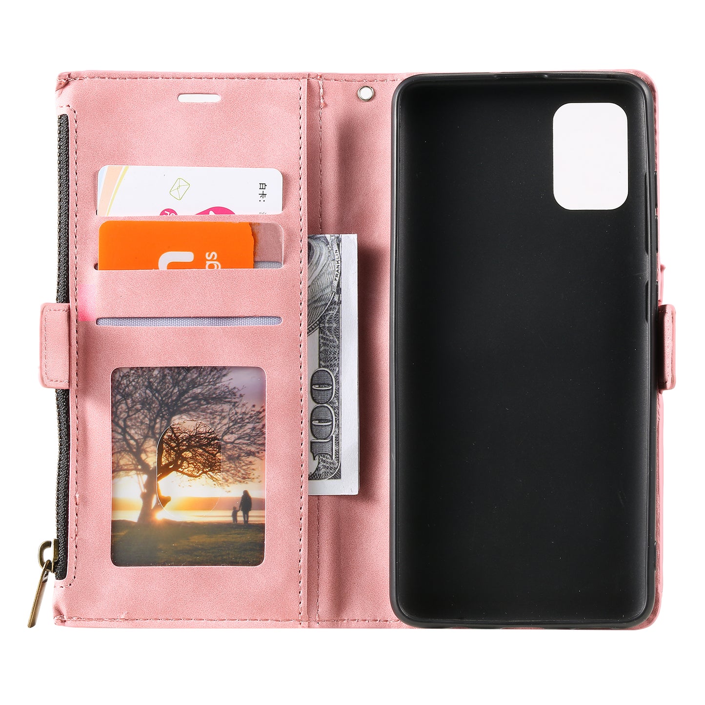Multifunctional Zipper Wallet PU Leather Cell Phone Shell Cover with Kickstand and Strap for Samsung Galaxy S20 Plus - Pink