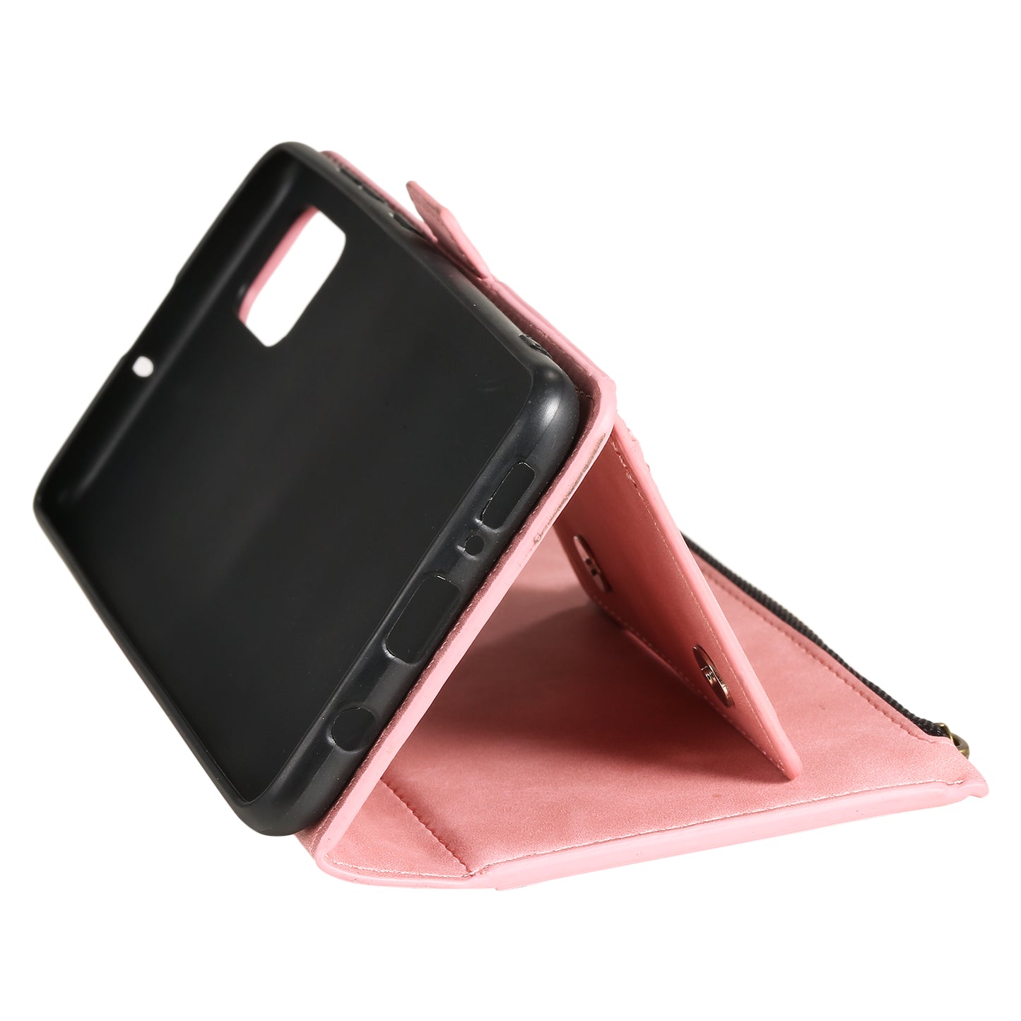 Multifunctional Zipper Wallet PU Leather Cell Phone Shell Cover with Kickstand and Strap for Samsung Galaxy S20 Plus - Pink
