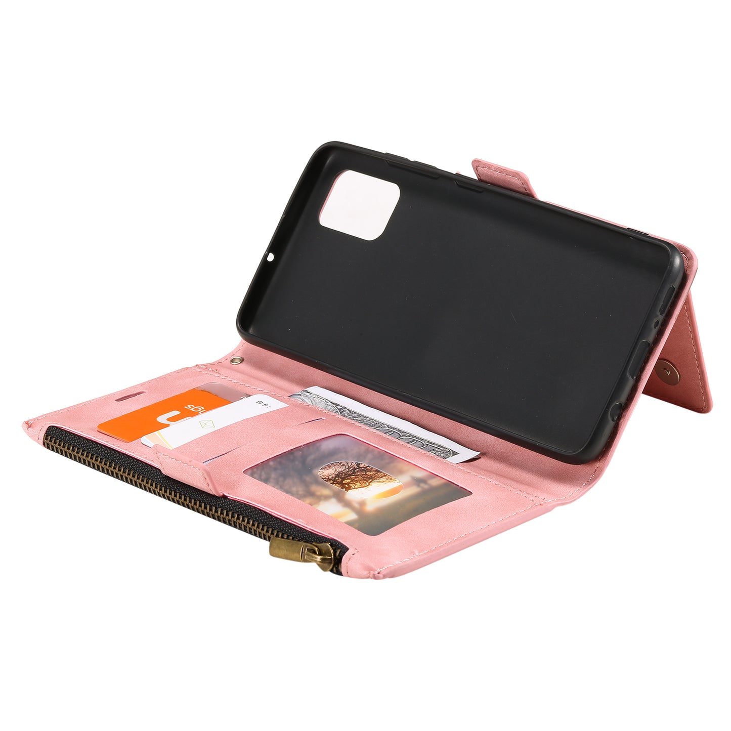 Multifunctional Zipper Wallet PU Leather Cell Phone Shell Cover with Kickstand and Strap for Samsung Galaxy S20 Plus - Pink