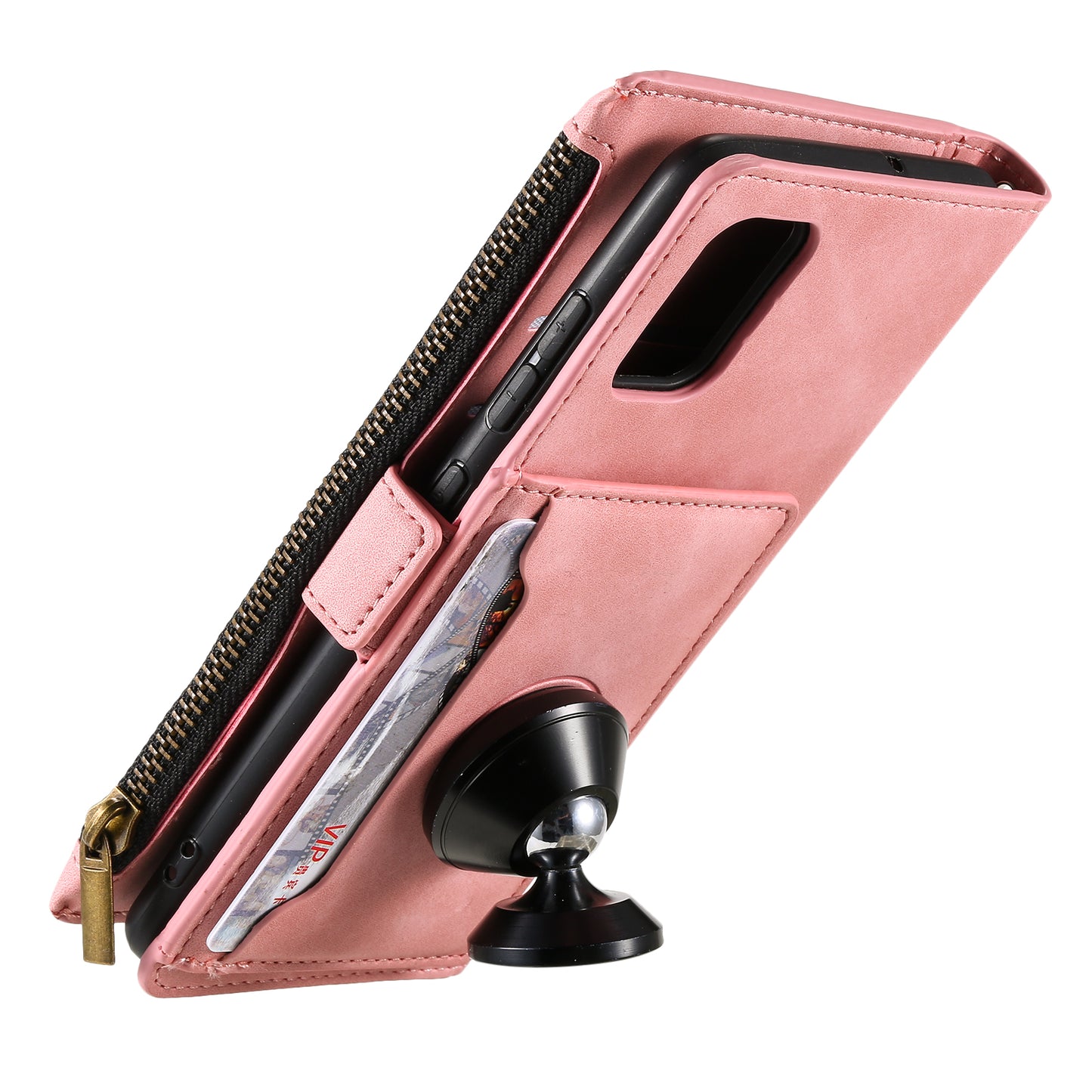 Multifunctional Zipper Wallet PU Leather Cell Phone Shell Cover with Kickstand and Strap for Samsung Galaxy S20 Plus - Pink