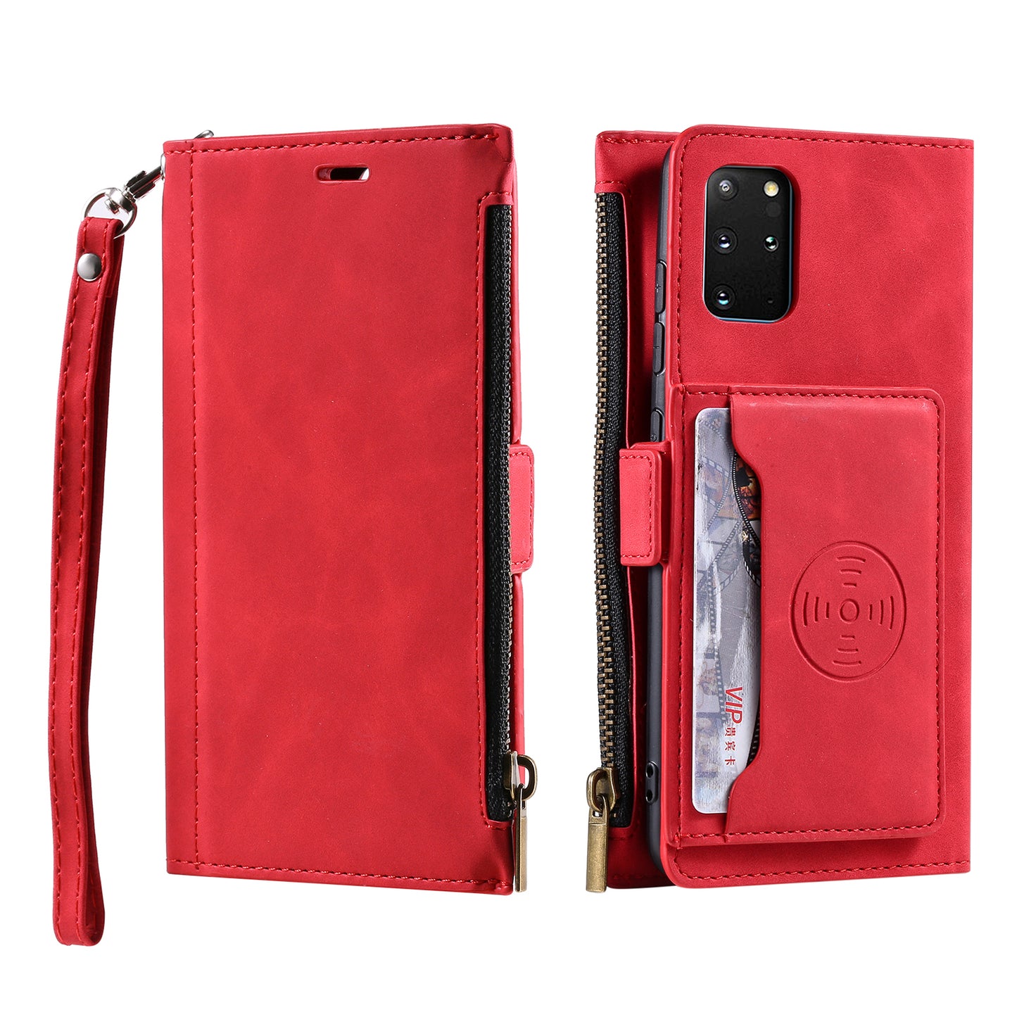 Multifunctional Zipper Wallet PU Leather Cell Phone Shell Cover with Kickstand and Strap for Samsung Galaxy S20 Plus - Red