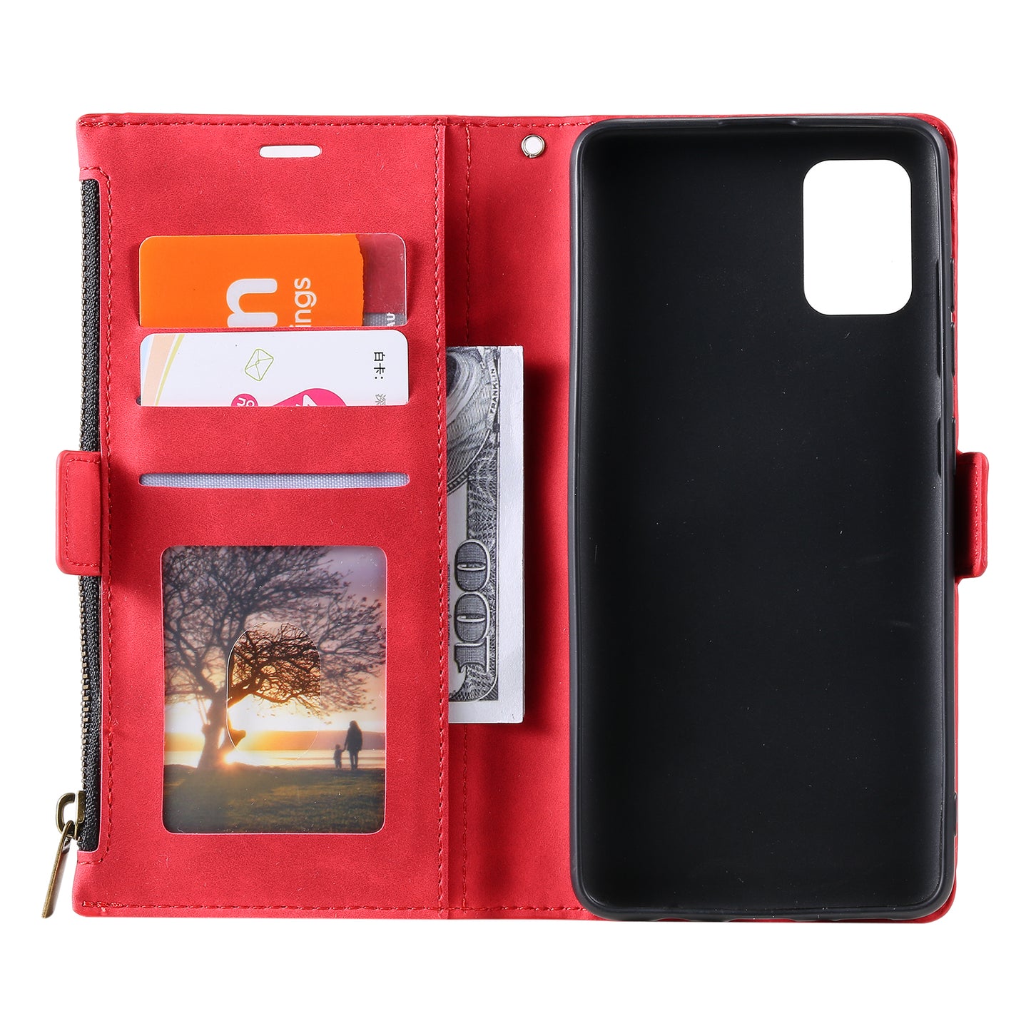 Multifunctional Zipper Wallet PU Leather Cell Phone Shell Cover with Kickstand and Strap for Samsung Galaxy S20 Plus - Red