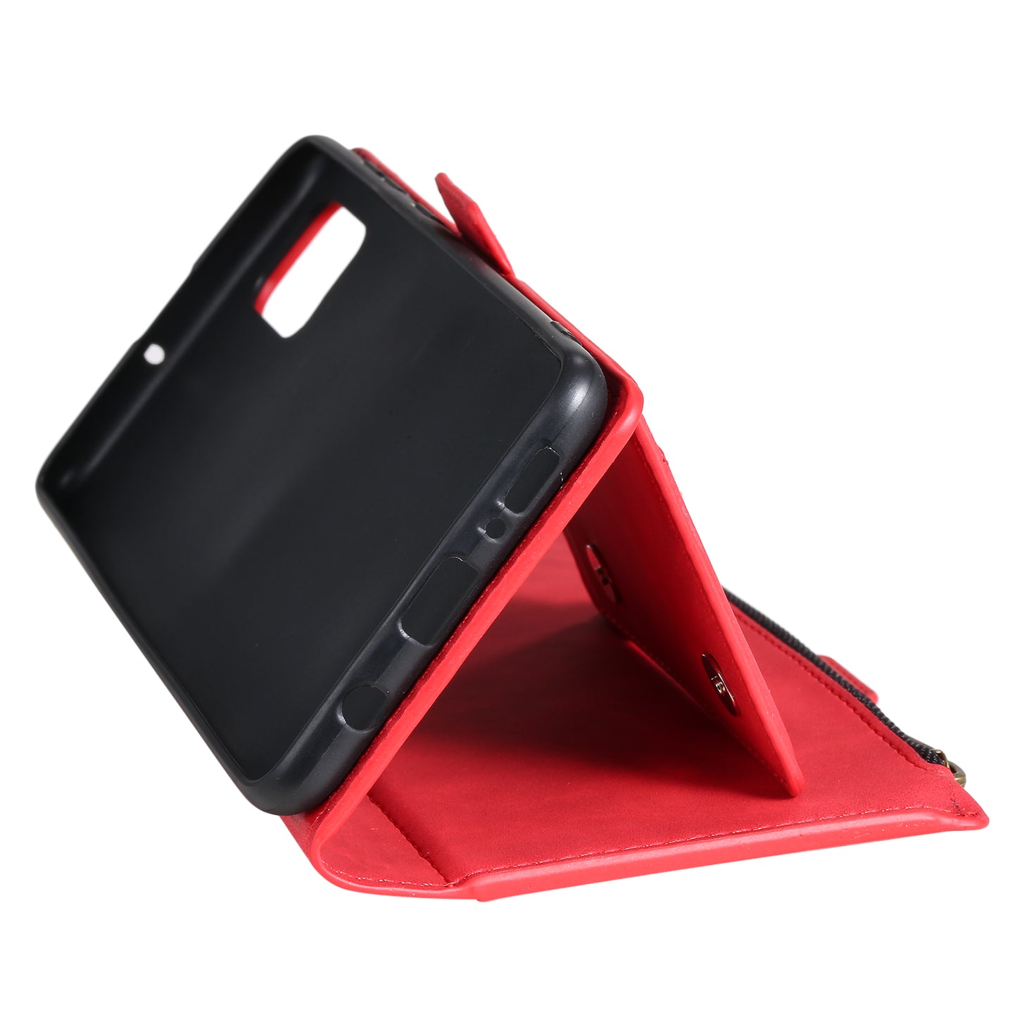 Multifunctional Zipper Wallet PU Leather Cell Phone Shell Cover with Kickstand and Strap for Samsung Galaxy S20 Plus - Red