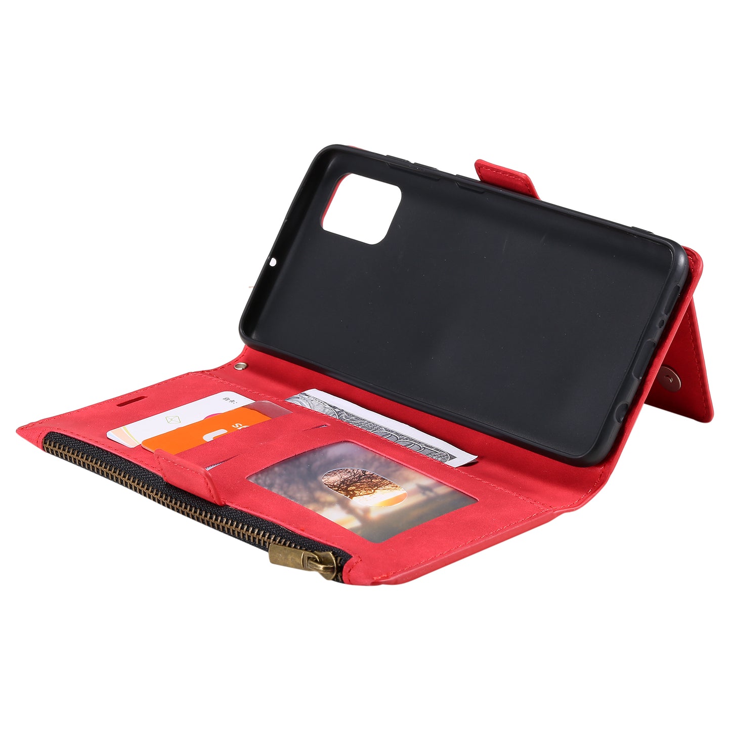 Multifunctional Zipper Wallet PU Leather Cell Phone Shell Cover with Kickstand and Strap for Samsung Galaxy S20 Plus - Red