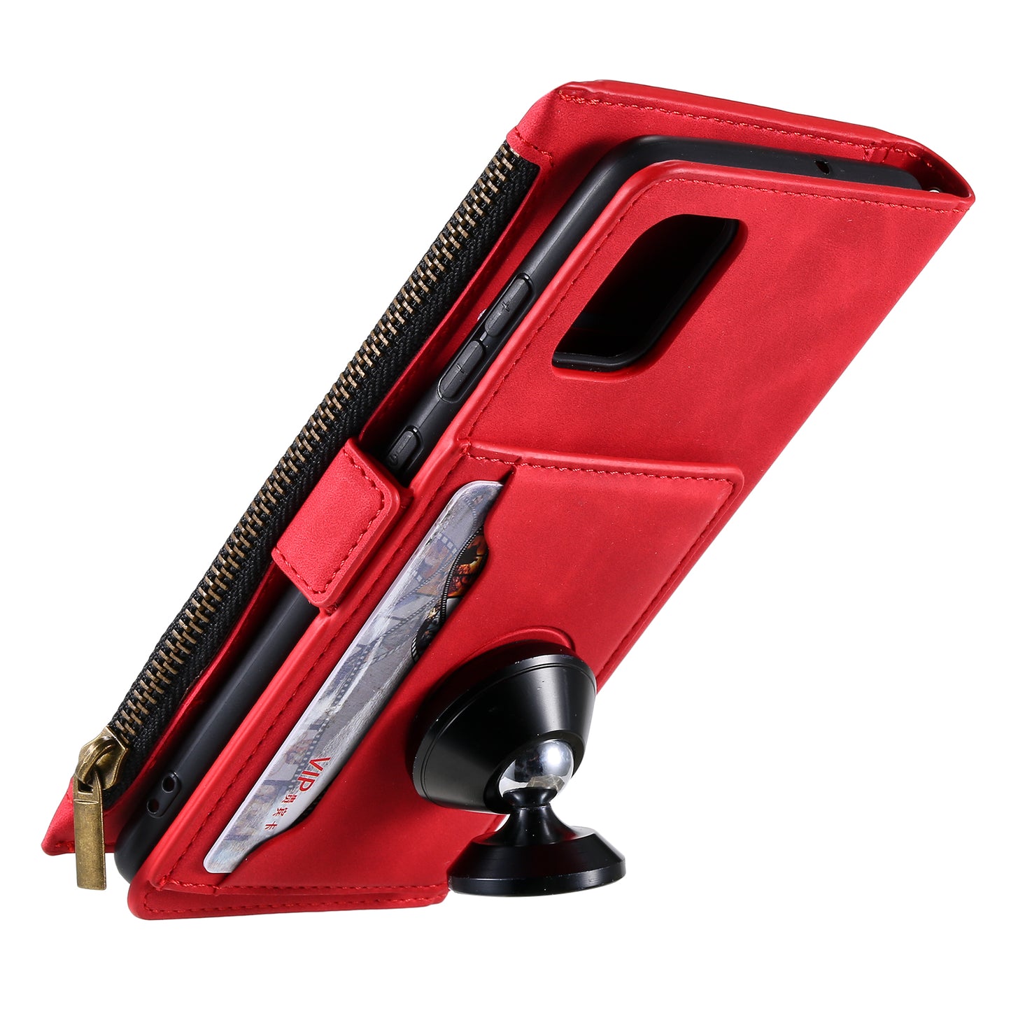 Multifunctional Zipper Wallet PU Leather Cell Phone Shell Cover with Kickstand and Strap for Samsung Galaxy S20 Plus - Red