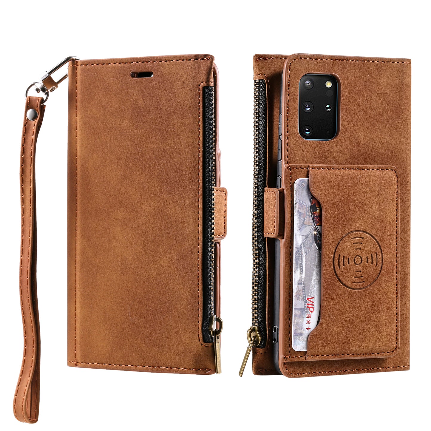 Multifunctional Zipper Wallet PU Leather Cell Phone Shell Cover with Kickstand and Strap for Samsung Galaxy S20 Plus - Brown