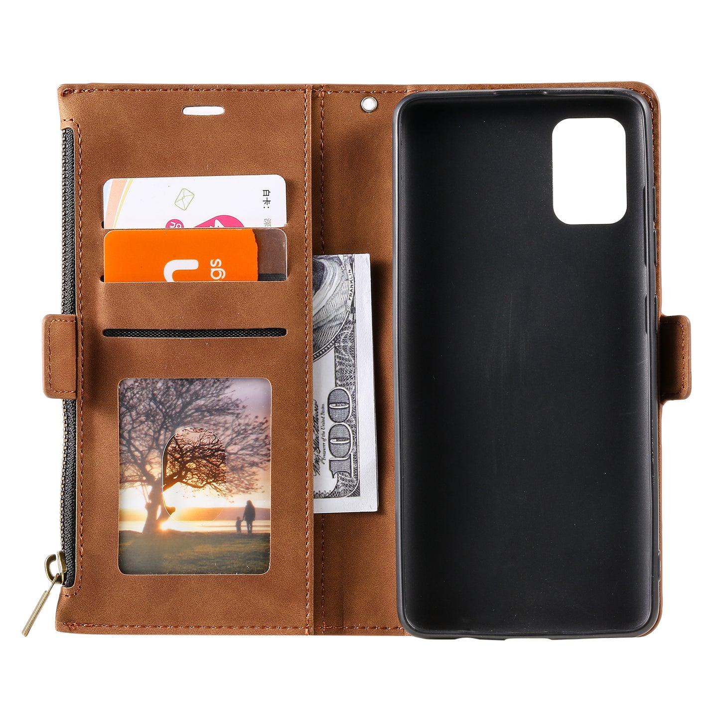 Multifunctional Zipper Wallet PU Leather Cell Phone Shell Cover with Kickstand and Strap for Samsung Galaxy S20 Plus - Brown