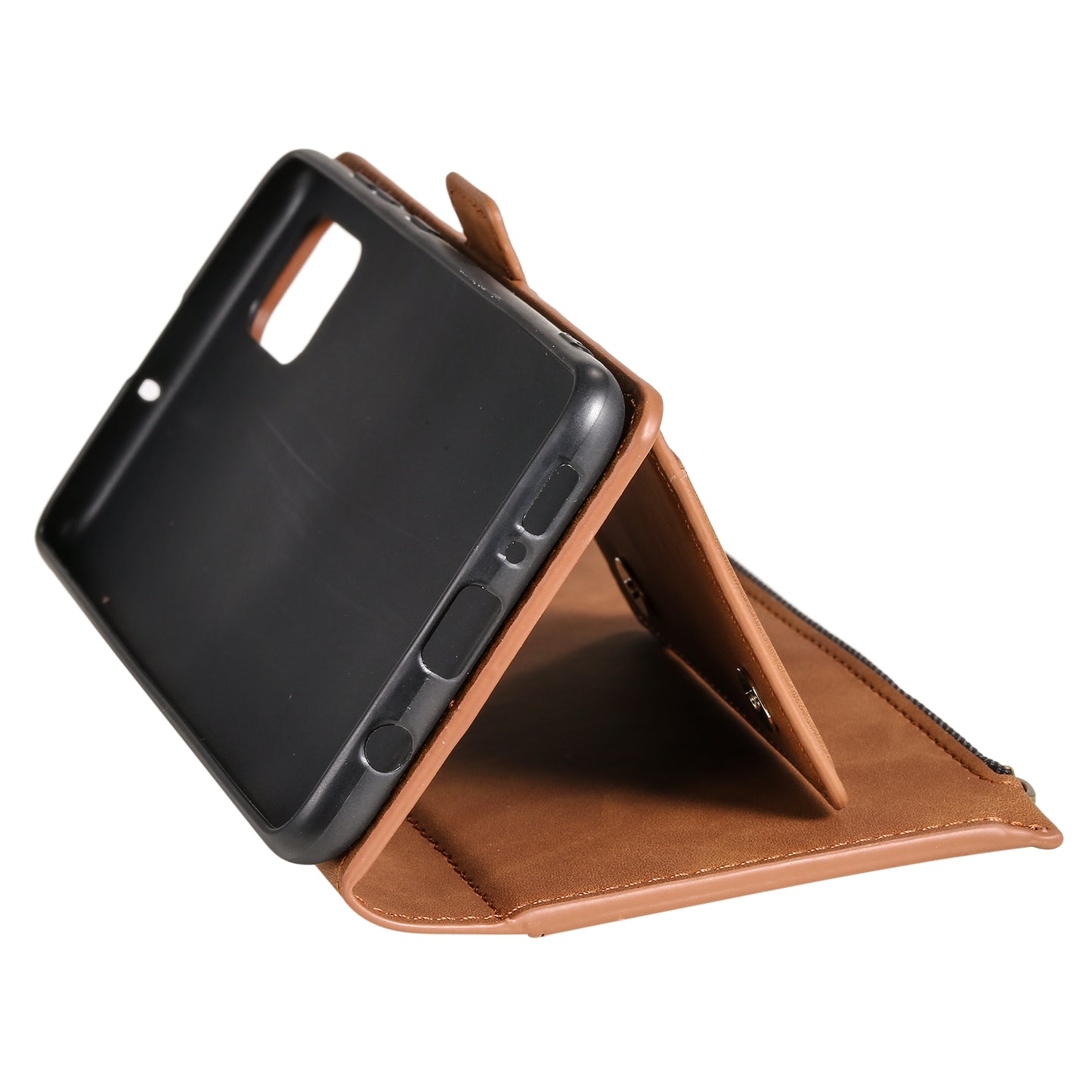 Multifunctional Zipper Wallet PU Leather Cell Phone Shell Cover with Kickstand and Strap for Samsung Galaxy S20 Plus - Brown