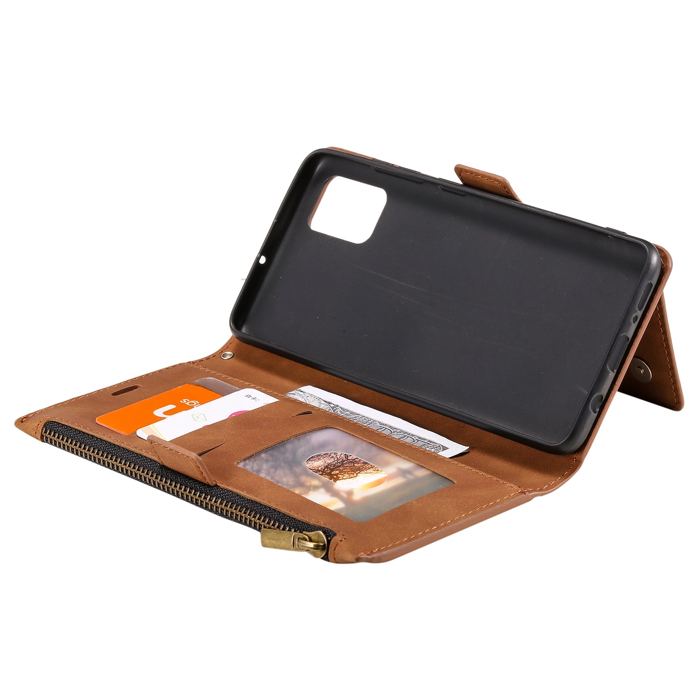 Multifunctional Zipper Wallet PU Leather Cell Phone Shell Cover with Kickstand and Strap for Samsung Galaxy S20 Plus - Brown