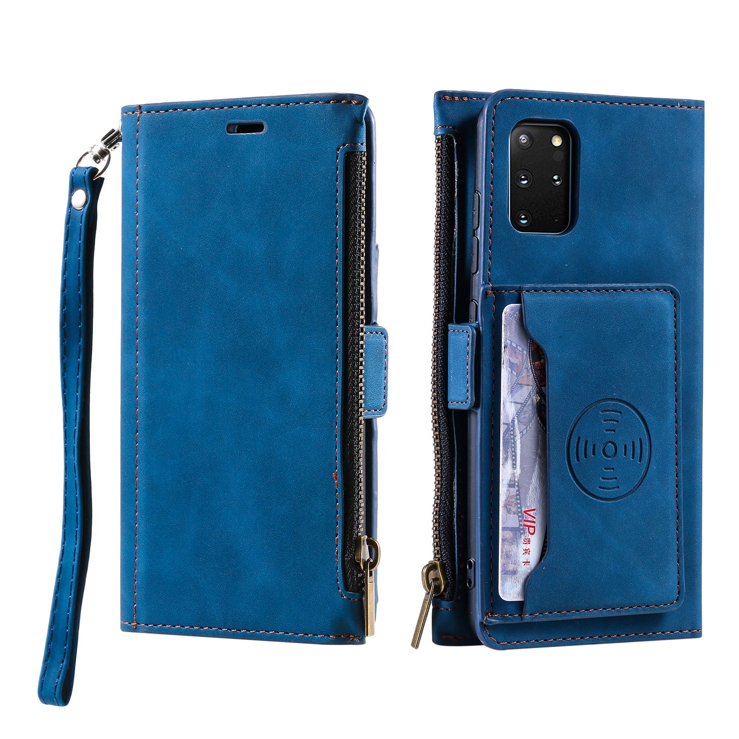 Multifunctional Zipper Wallet PU Leather Cell Phone Shell Cover with Kickstand and Strap for Samsung Galaxy S20 Plus - Blue