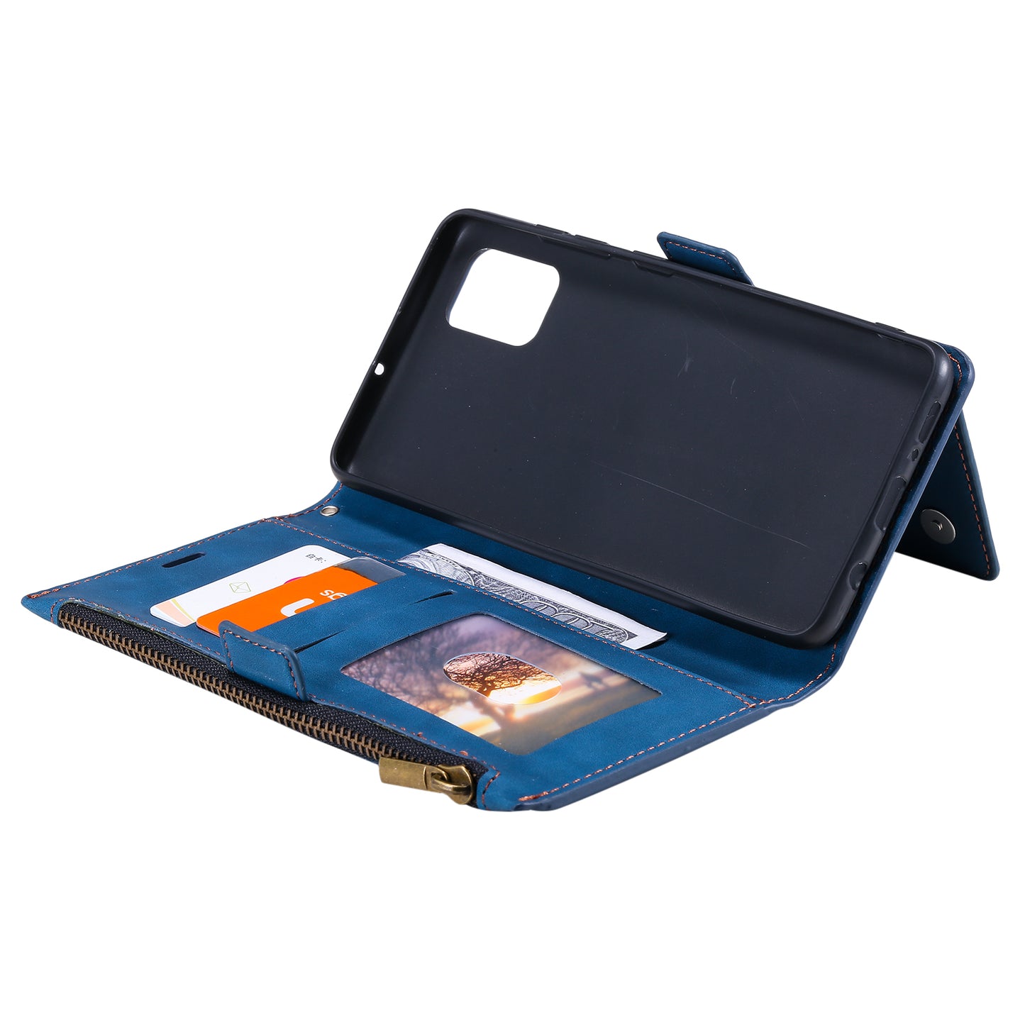 Multifunctional Zipper Wallet PU Leather Cell Phone Shell Cover with Kickstand and Strap for Samsung Galaxy S20 Plus - Blue