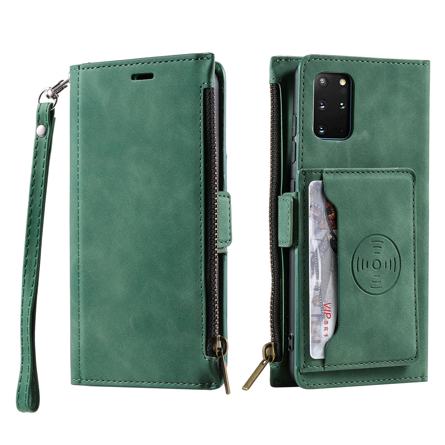 Multifunctional Zipper Wallet PU Leather Cell Phone Shell Cover with Kickstand and Strap for Samsung Galaxy S20 Plus - Green