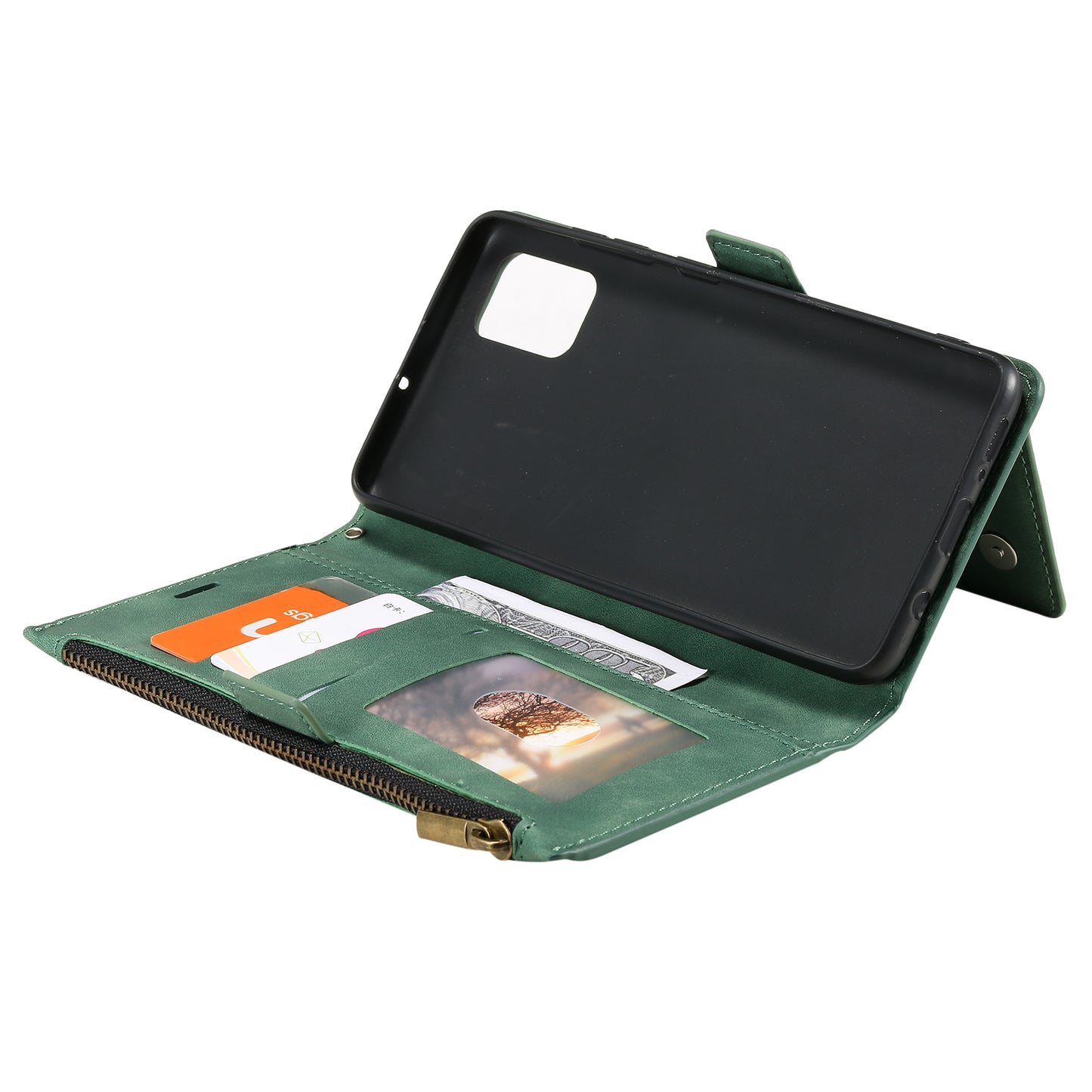 Multifunctional Zipper Wallet PU Leather Cell Phone Shell Cover with Kickstand and Strap for Samsung Galaxy S20 Plus - Green