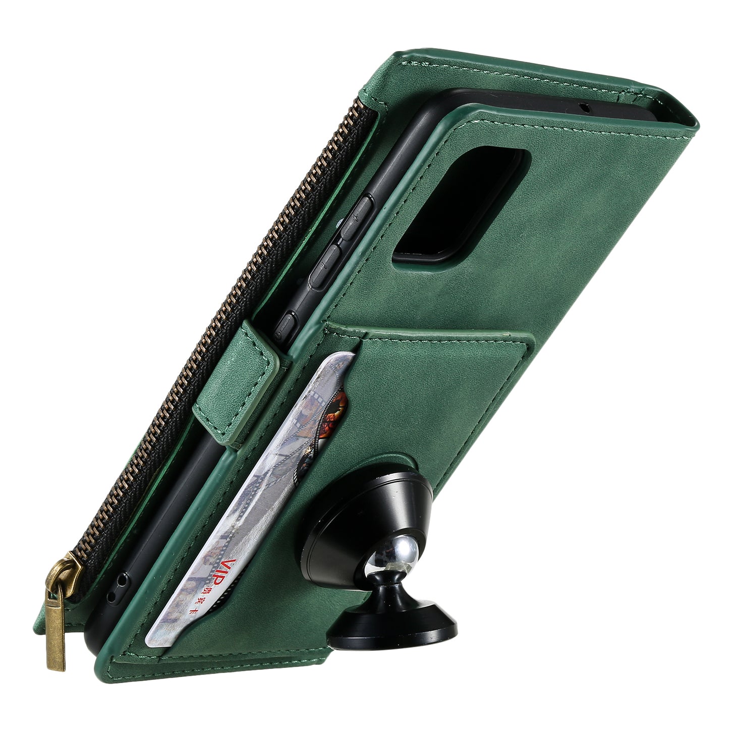 Multifunctional Zipper Wallet PU Leather Cell Phone Shell Cover with Kickstand and Strap for Samsung Galaxy S20 Plus - Green