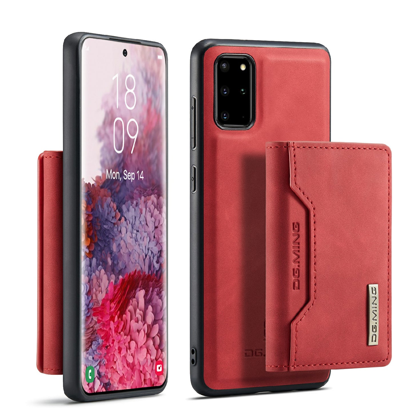 DG.MING M2 Series Anti-drop Magnetic Wallet Design with Kickstand Leather Coated Hybrid Case for Samsung Galaxy S20 Plus - Red