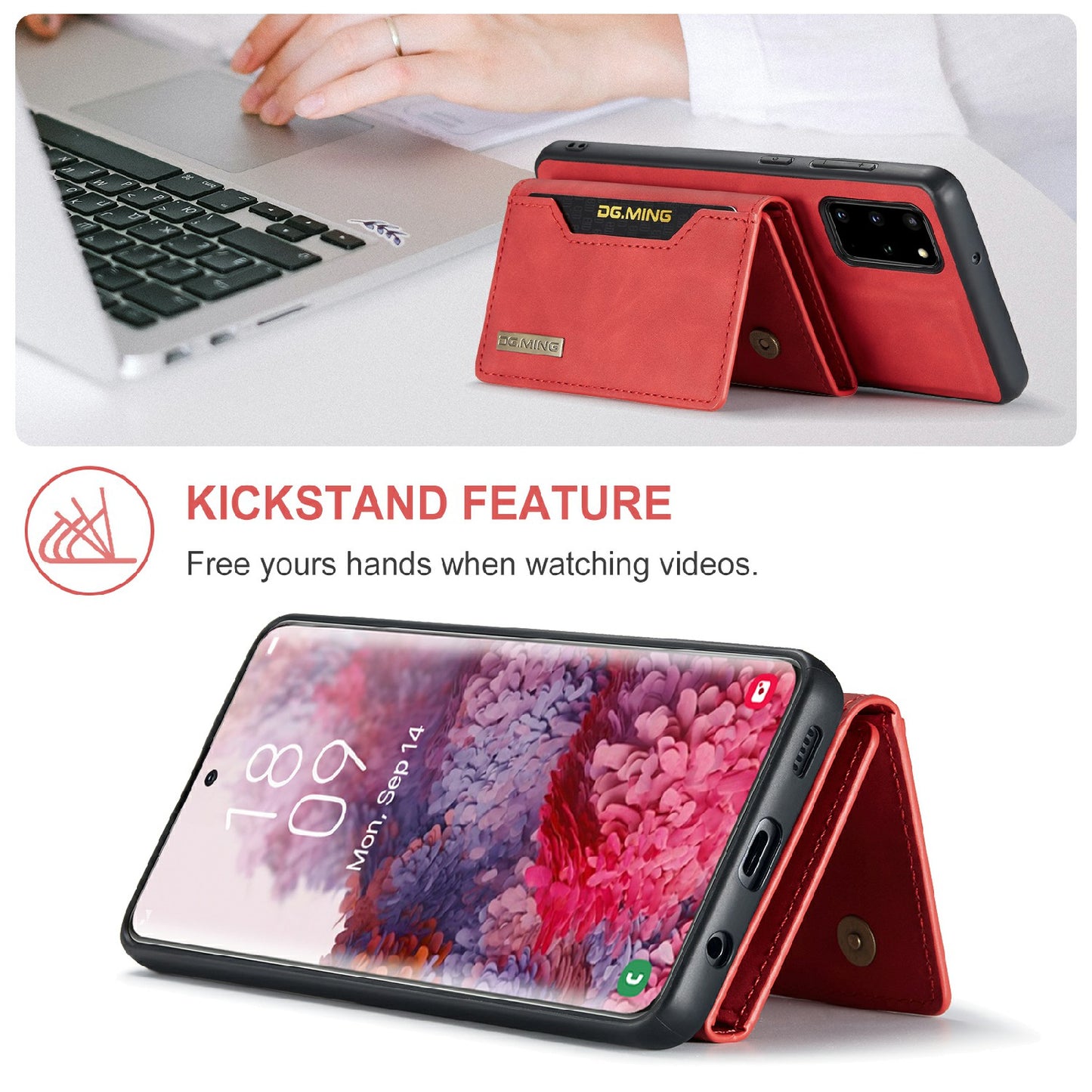 DG.MING M2 Series Anti-drop Magnetic Wallet Design with Kickstand Leather Coated Hybrid Case for Samsung Galaxy S20 Plus - Red