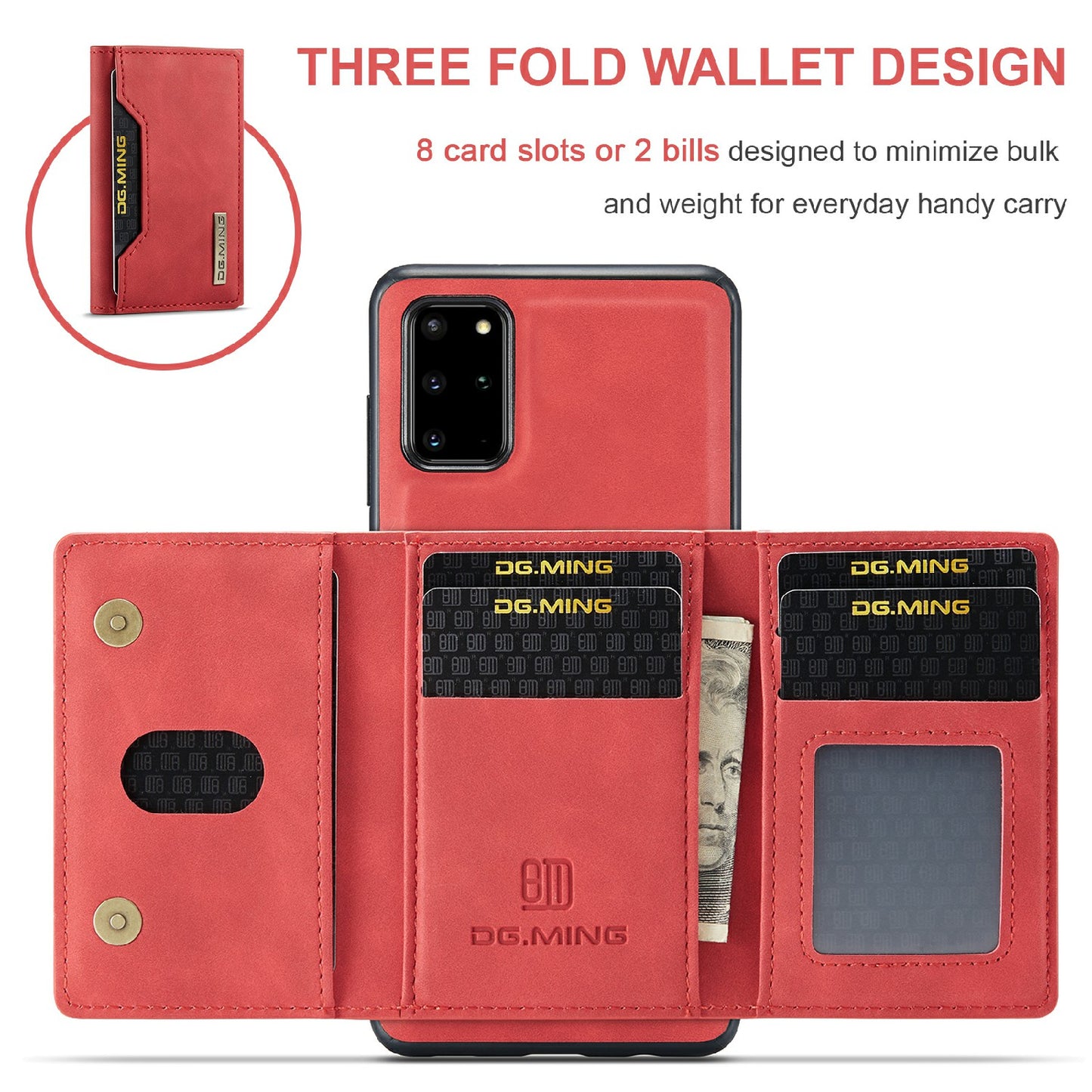 DG.MING M2 Series Anti-drop Magnetic Wallet Design with Kickstand Leather Coated Hybrid Case for Samsung Galaxy S20 Plus - Red