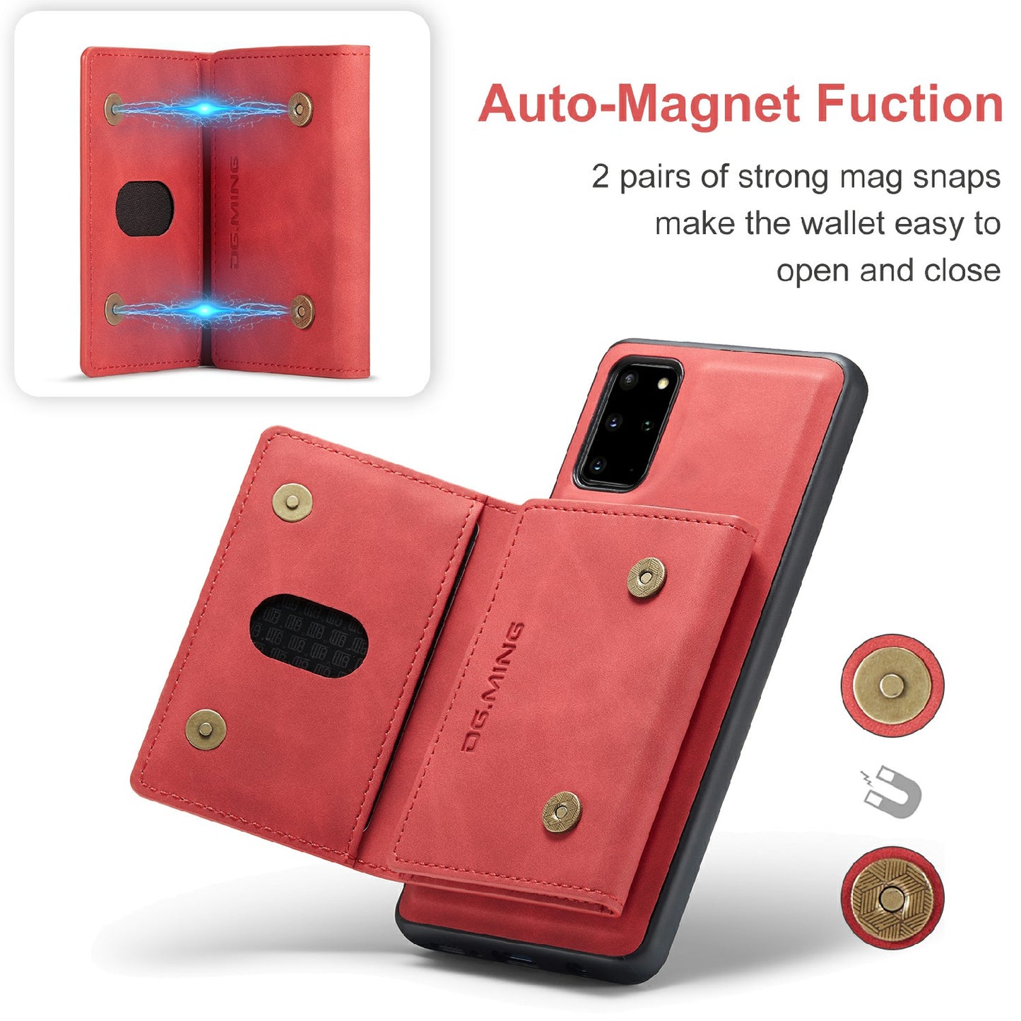 DG.MING M2 Series Anti-drop Magnetic Wallet Design with Kickstand Leather Coated Hybrid Case for Samsung Galaxy S20 Plus - Red