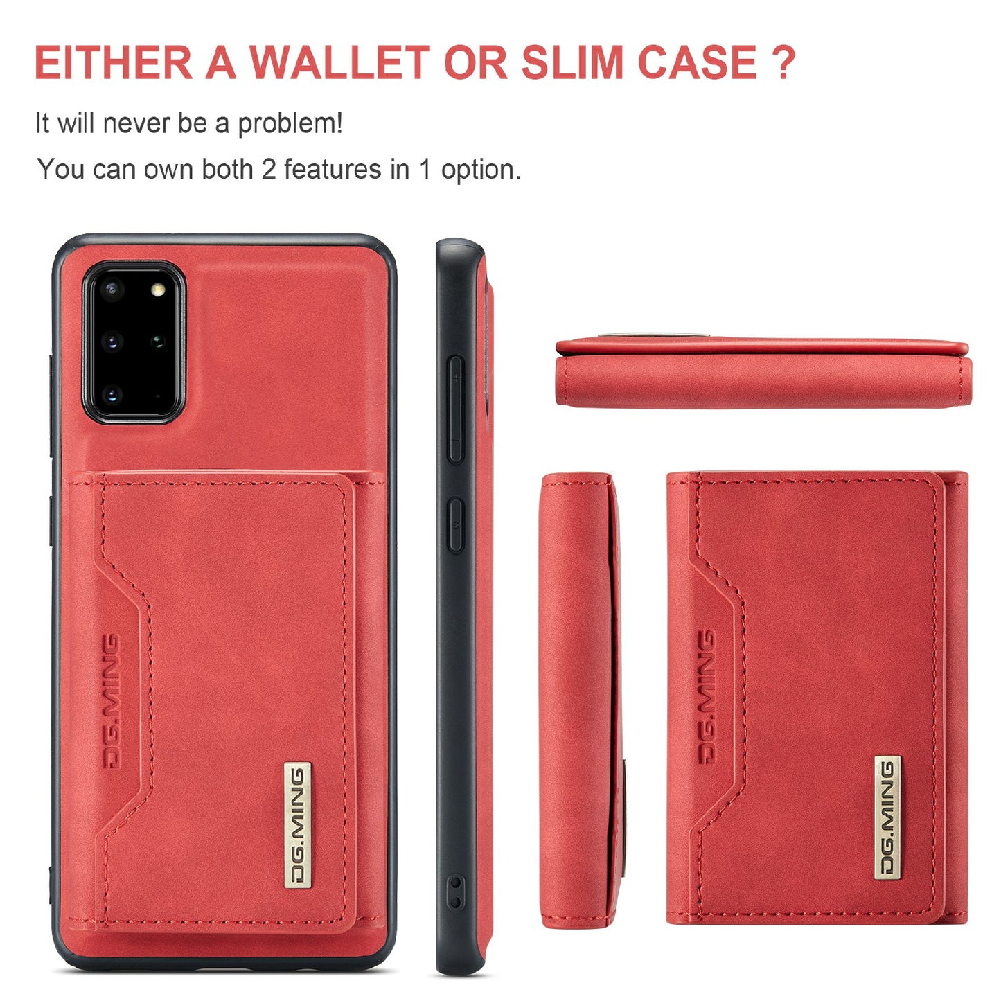 DG.MING M2 Series Anti-drop Magnetic Wallet Design with Kickstand Leather Coated Hybrid Case for Samsung Galaxy S20 Plus - Red