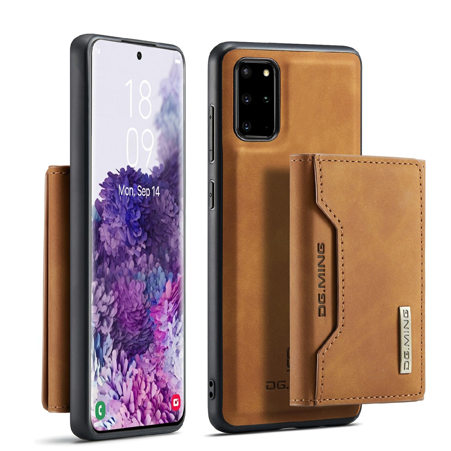 DG.MING M2 Series Anti-drop Magnetic Wallet Design with Kickstand Leather Coated Hybrid Case for Samsung Galaxy S20 Plus - Brown