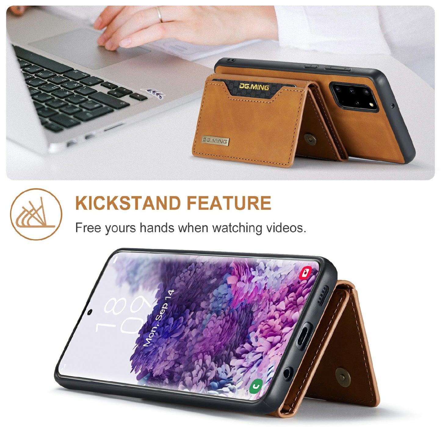DG.MING M2 Series Anti-drop Magnetic Wallet Design with Kickstand Leather Coated Hybrid Case for Samsung Galaxy S20 Plus - Brown