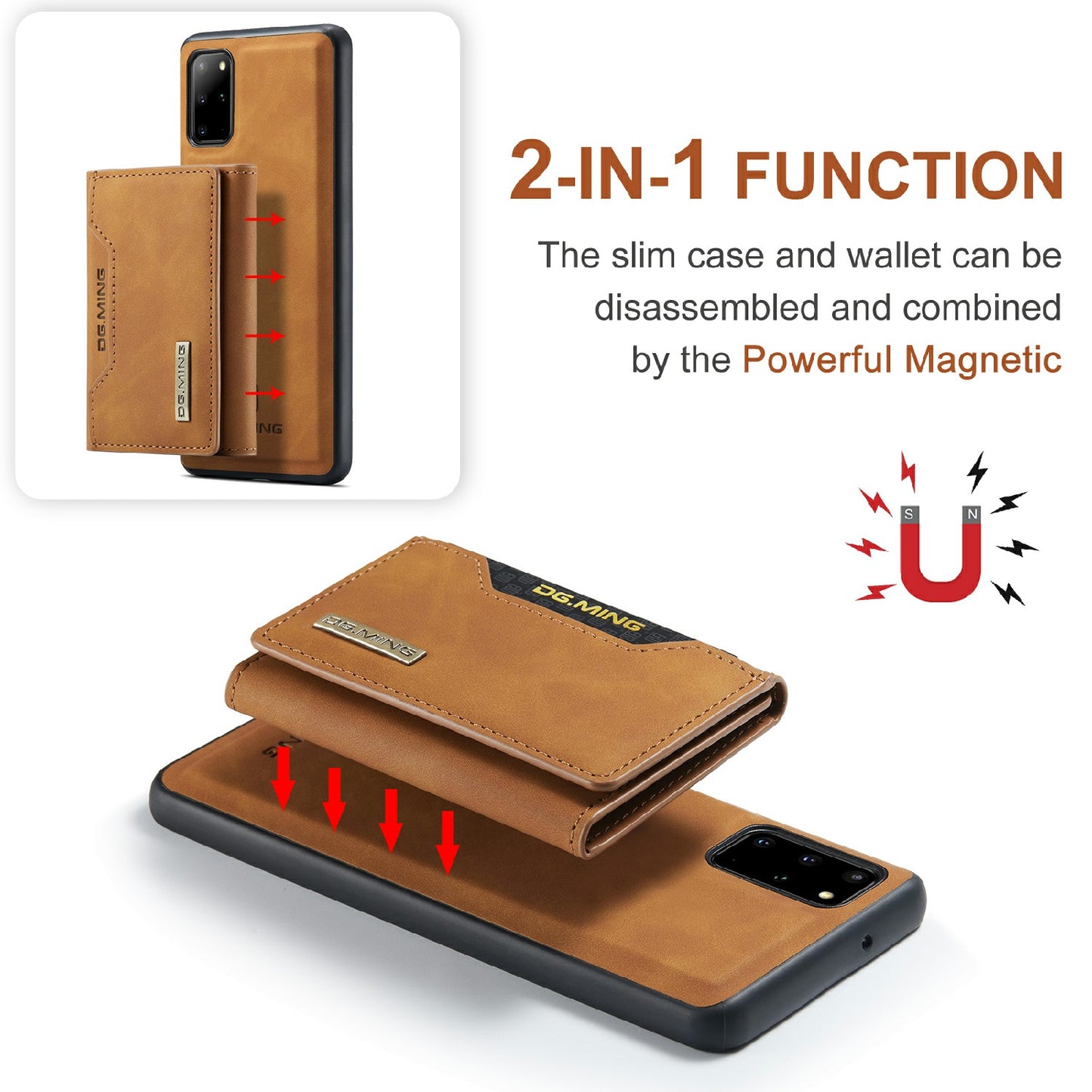 DG.MING M2 Series Anti-drop Magnetic Wallet Design with Kickstand Leather Coated Hybrid Case for Samsung Galaxy S20 Plus - Brown