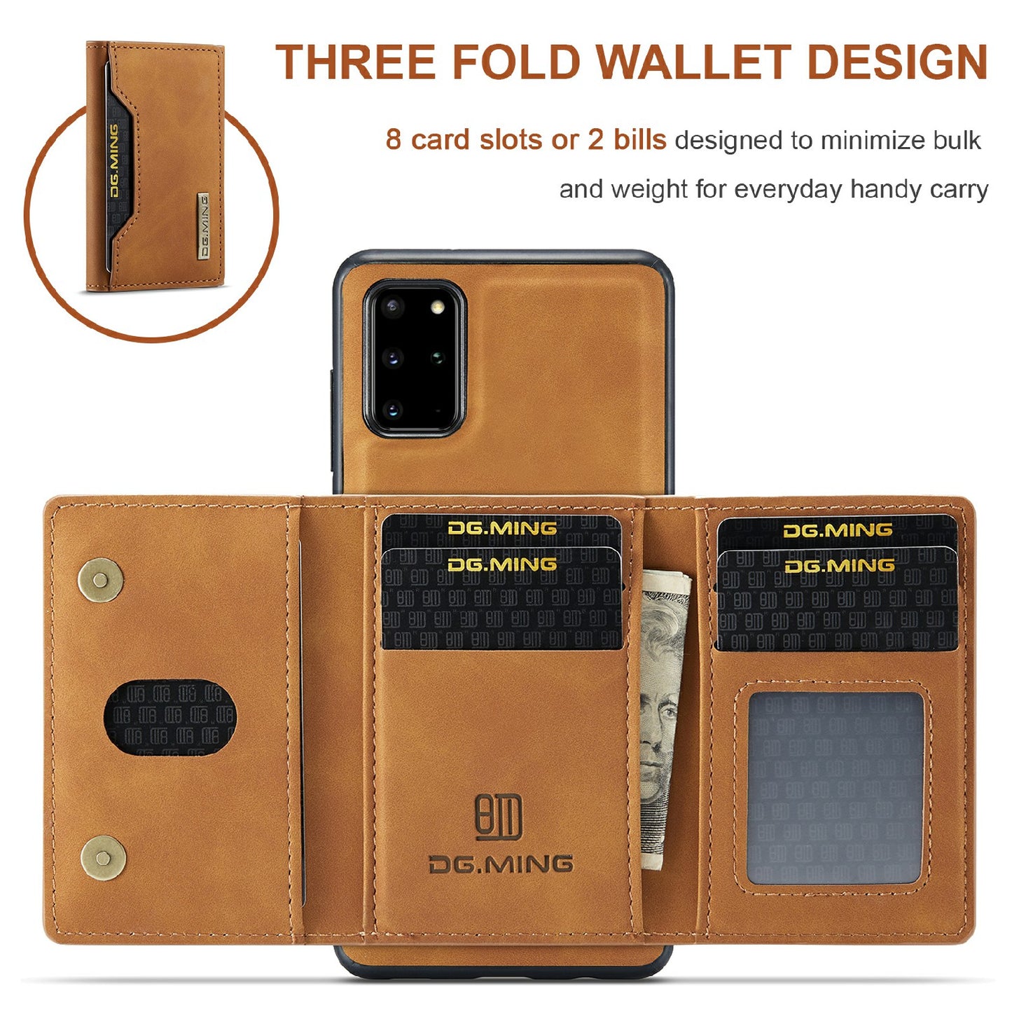 DG.MING M2 Series Anti-drop Magnetic Wallet Design with Kickstand Leather Coated Hybrid Case for Samsung Galaxy S20 Plus - Brown