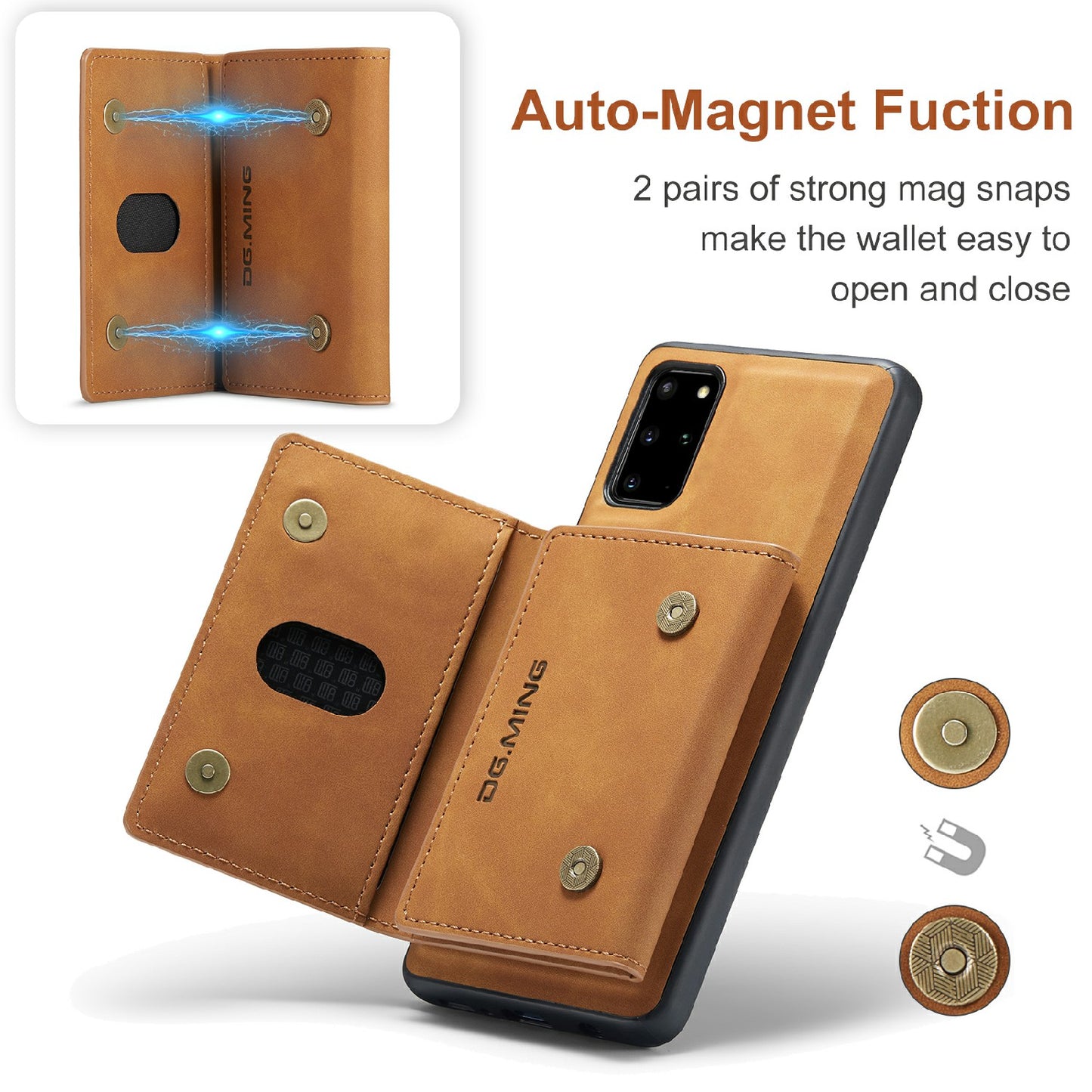 DG.MING M2 Series Anti-drop Magnetic Wallet Design with Kickstand Leather Coated Hybrid Case for Samsung Galaxy S20 Plus - Brown