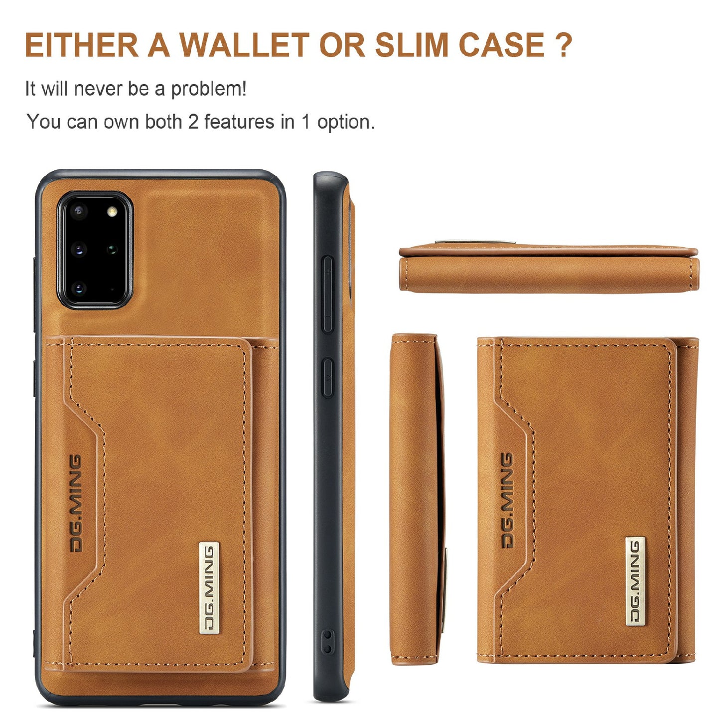 DG.MING M2 Series Anti-drop Magnetic Wallet Design with Kickstand Leather Coated Hybrid Case for Samsung Galaxy S20 Plus - Brown
