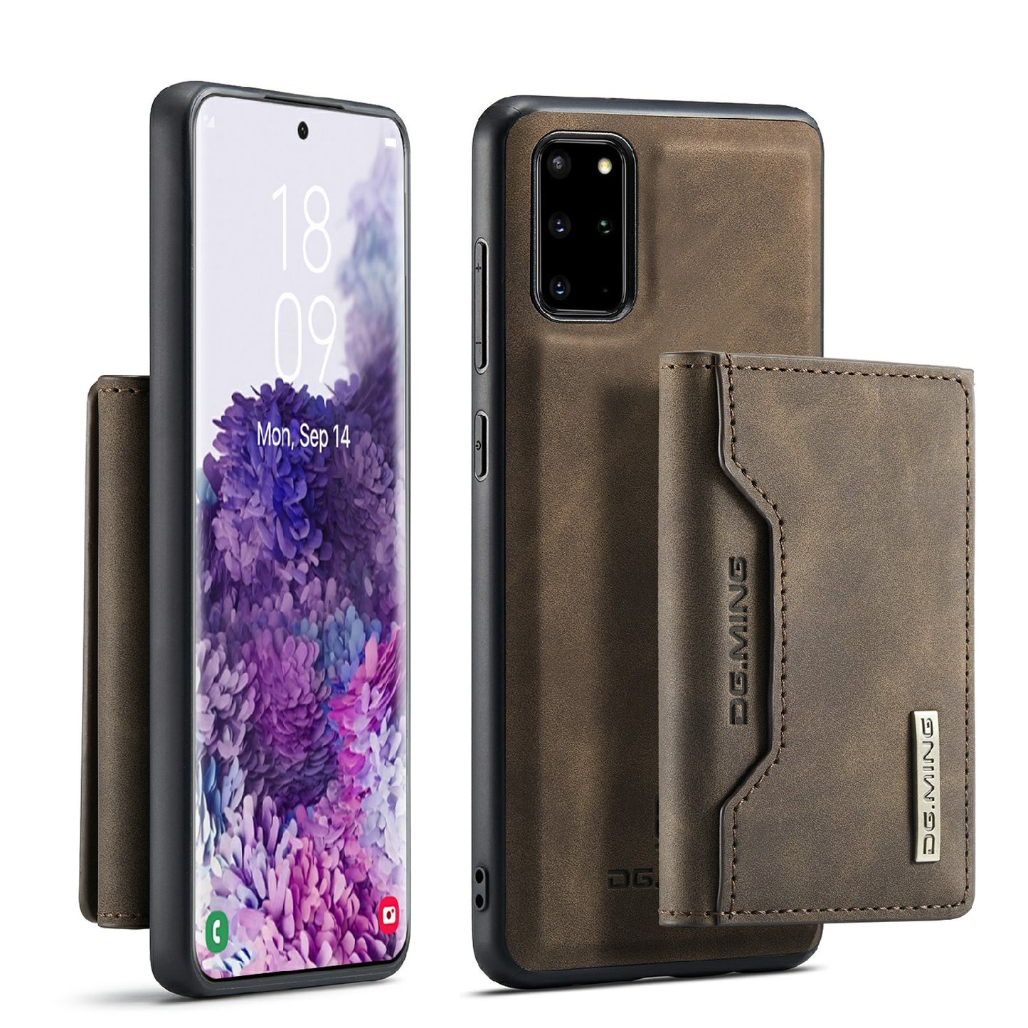 DG.MING M2 Series Anti-drop Magnetic Wallet Design with Kickstand Leather Coated Hybrid Case for Samsung Galaxy S20 Plus - Coffee