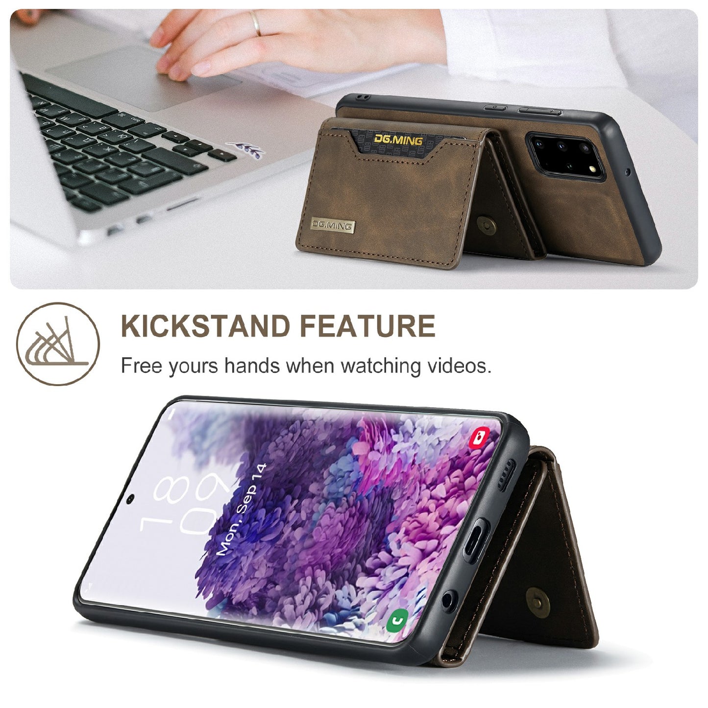 DG.MING M2 Series Anti-drop Magnetic Wallet Design with Kickstand Leather Coated Hybrid Case for Samsung Galaxy S20 Plus - Coffee