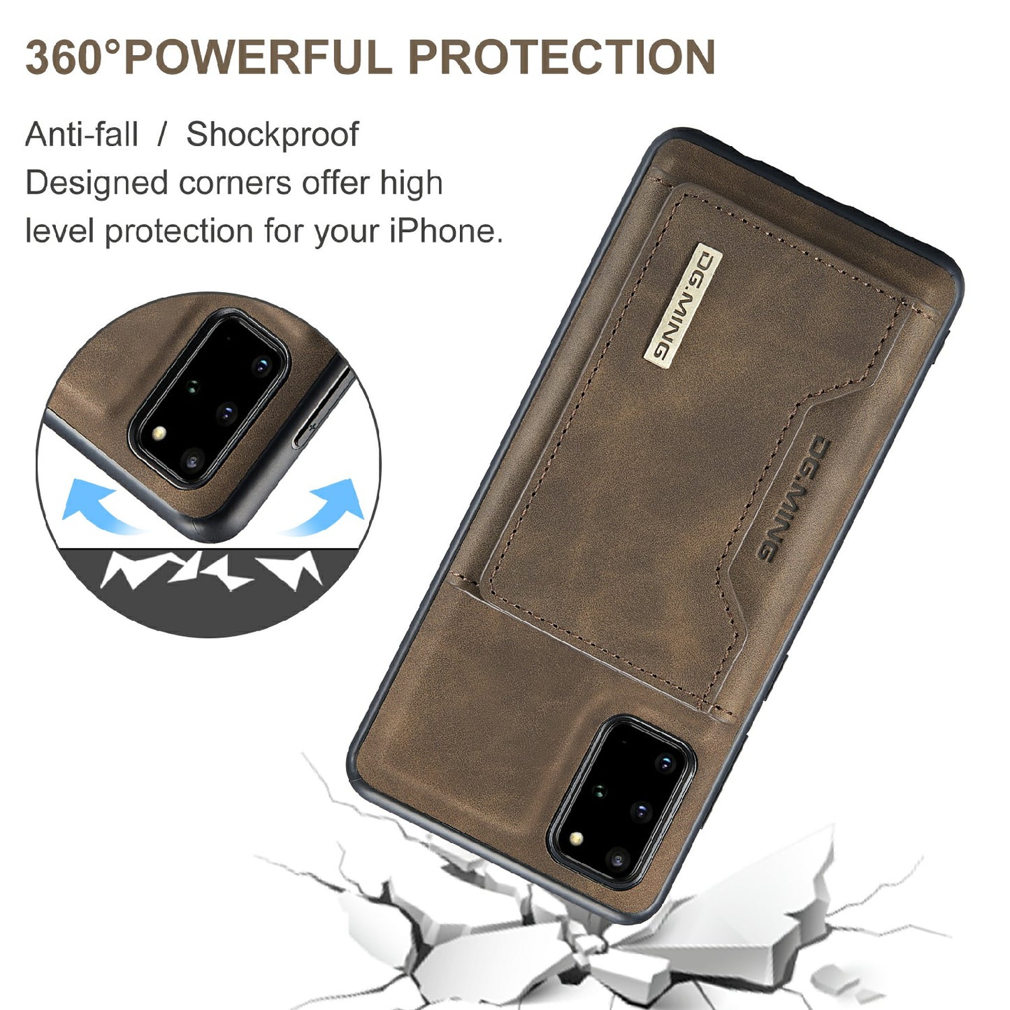 DG.MING M2 Series Anti-drop Magnetic Wallet Design with Kickstand Leather Coated Hybrid Case for Samsung Galaxy S20 Plus - Coffee