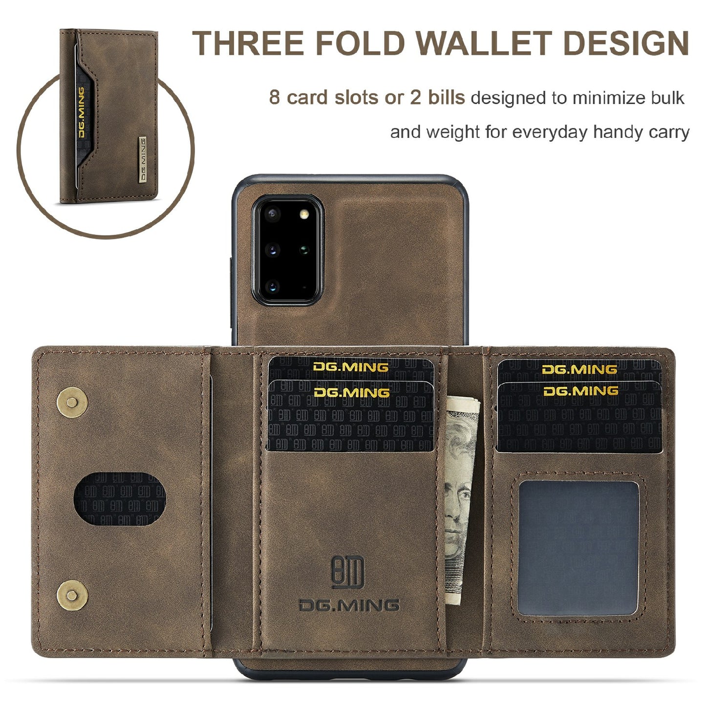 DG.MING M2 Series Anti-drop Magnetic Wallet Design with Kickstand Leather Coated Hybrid Case for Samsung Galaxy S20 Plus - Coffee