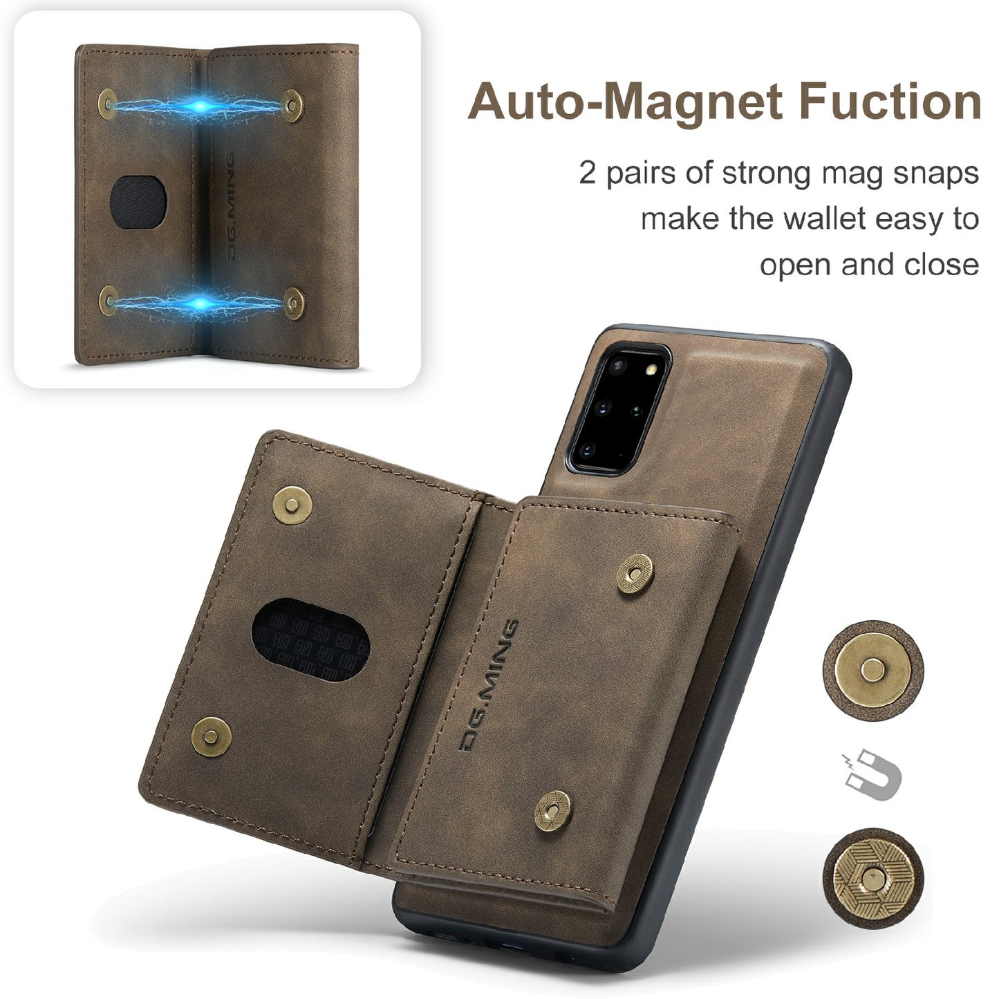 DG.MING M2 Series Anti-drop Magnetic Wallet Design with Kickstand Leather Coated Hybrid Case for Samsung Galaxy S20 Plus - Coffee