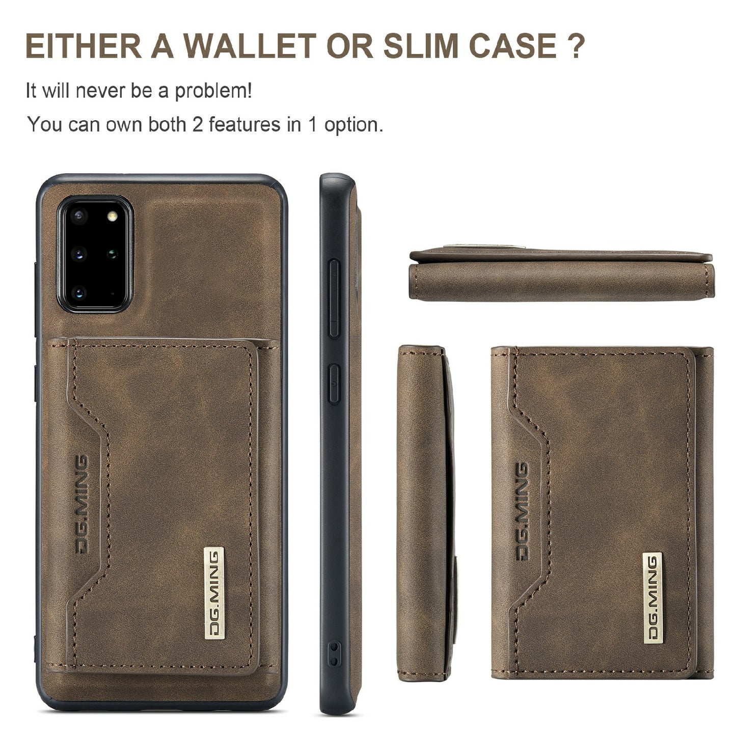 DG.MING M2 Series Anti-drop Magnetic Wallet Design with Kickstand Leather Coated Hybrid Case for Samsung Galaxy S20 Plus - Coffee