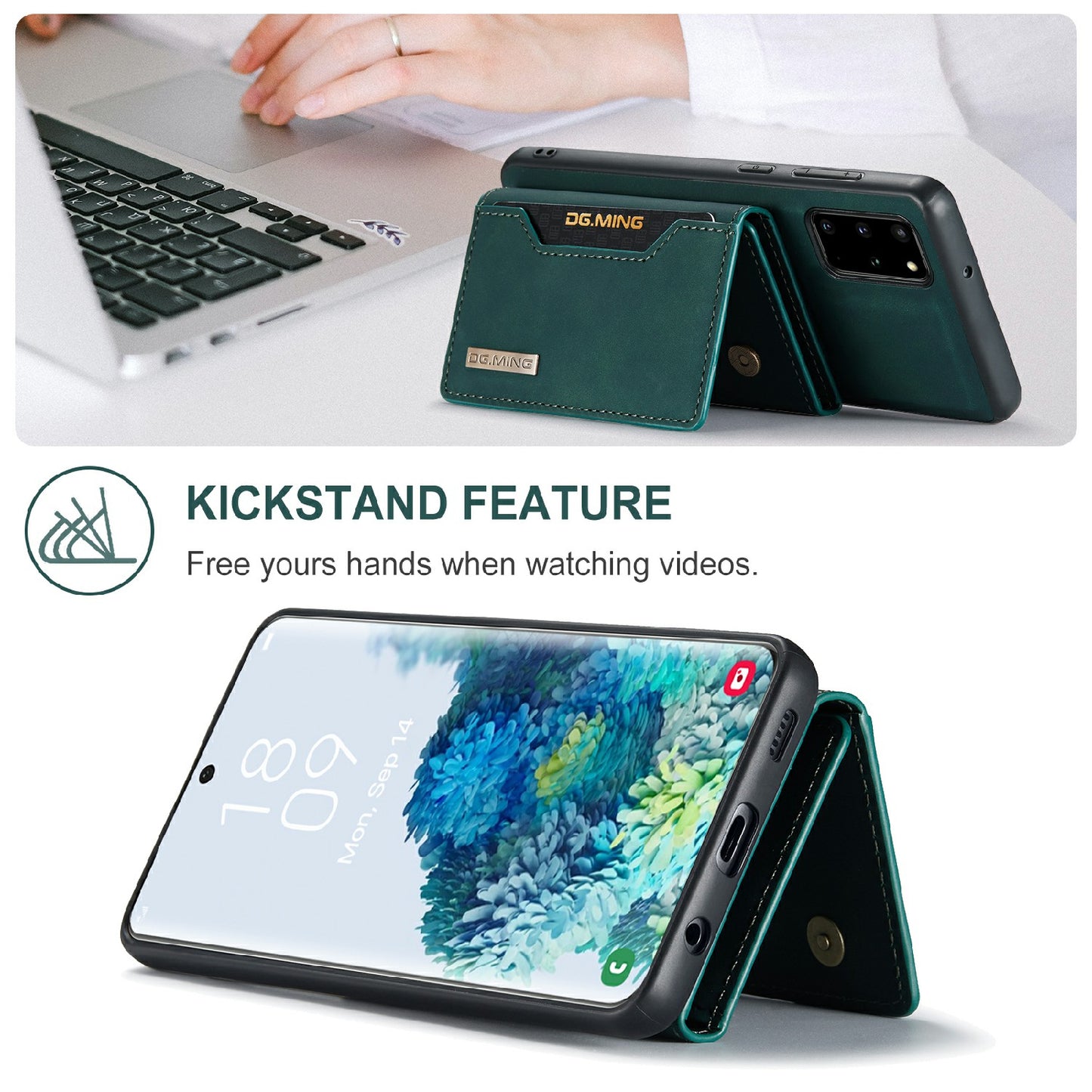 DG.MING M2 Series Anti-drop Magnetic Wallet Design with Kickstand Leather Coated Hybrid Case for Samsung Galaxy S20 Plus - Green
